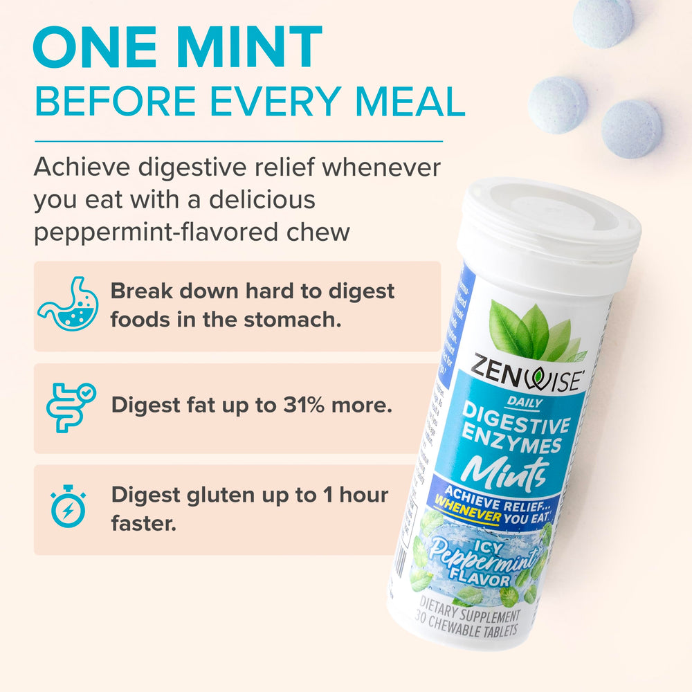 Packaging of Zenwise Digestive Enzyme Mints with bottle and outer box