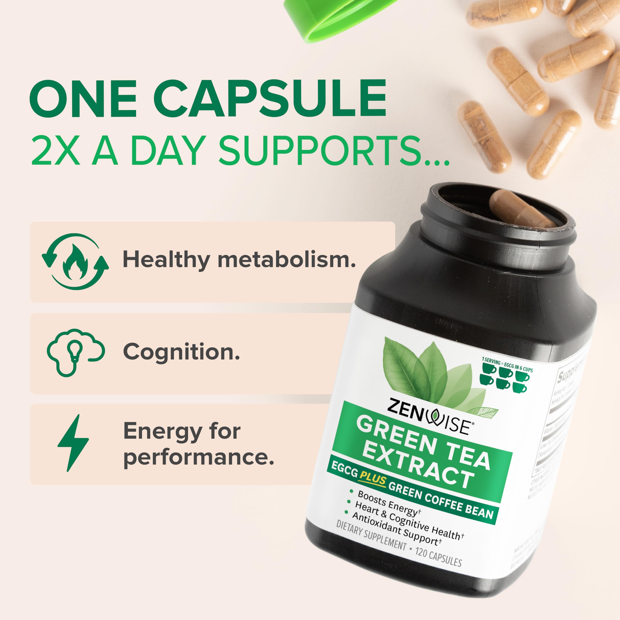 Capsules highlighting energy boost and green tea extract