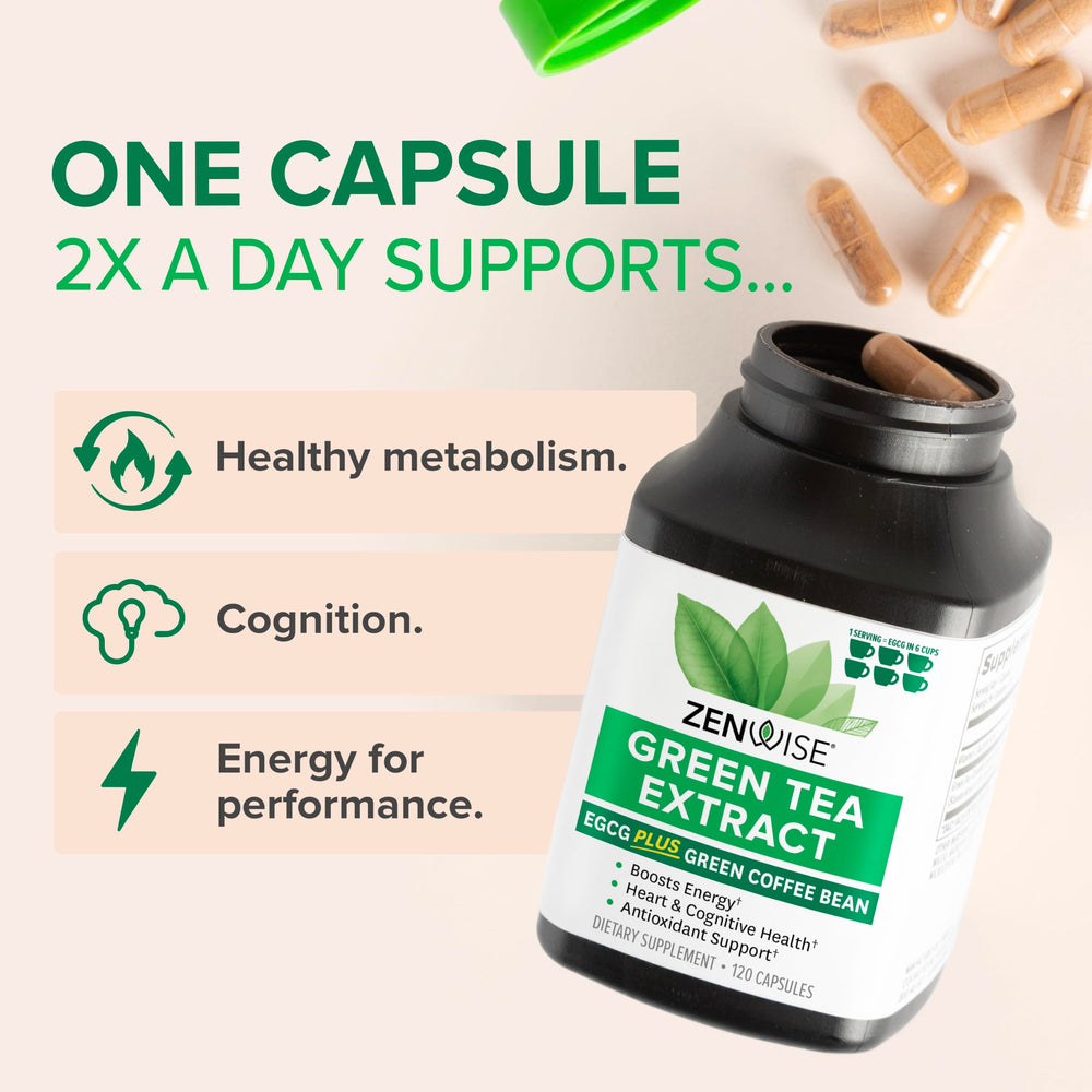 Capsules highlighting energy boost and green tea extract