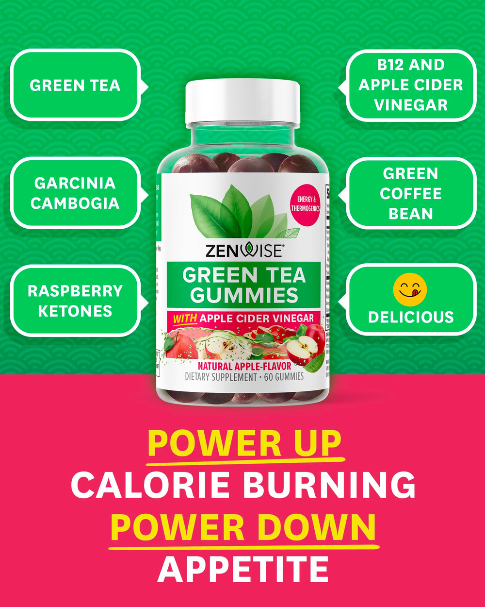 Zenwise Health Apple Cider Vinegar Gummies closeup with vibrant apple flavor