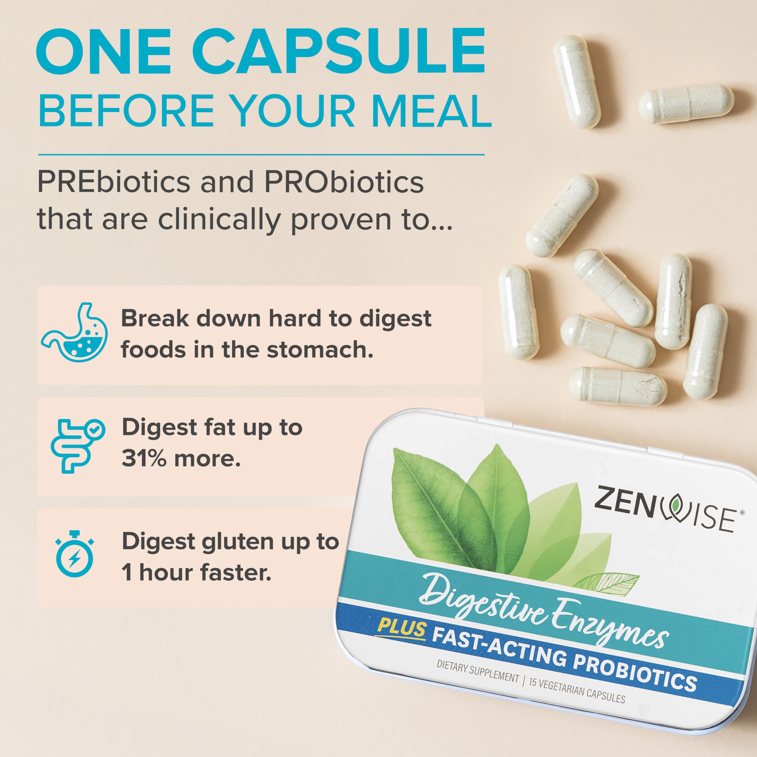 Probiotic capsules and prebiotic fiber illustration