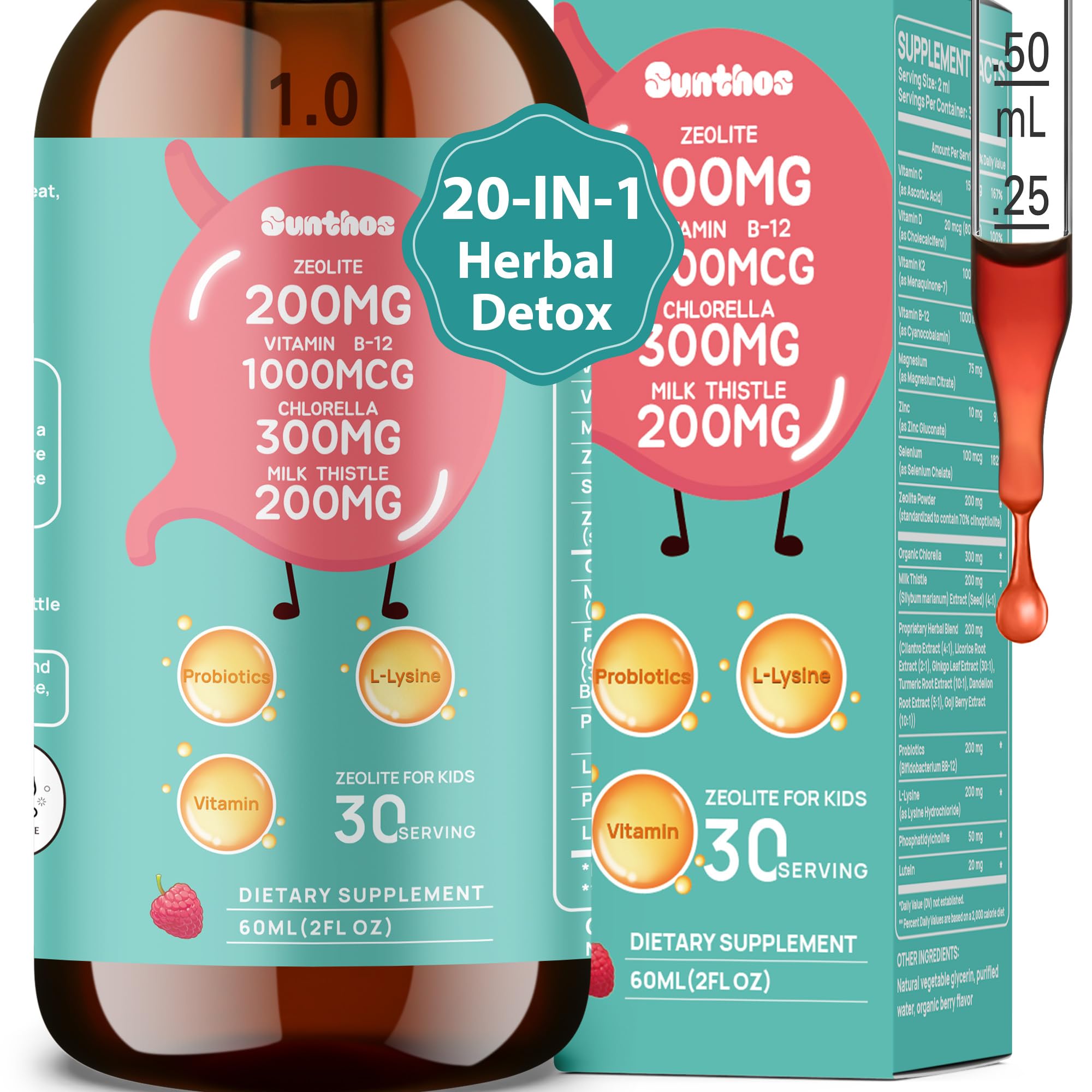 Front view of Zeolite Detox Berry flavor bottle with 60ml