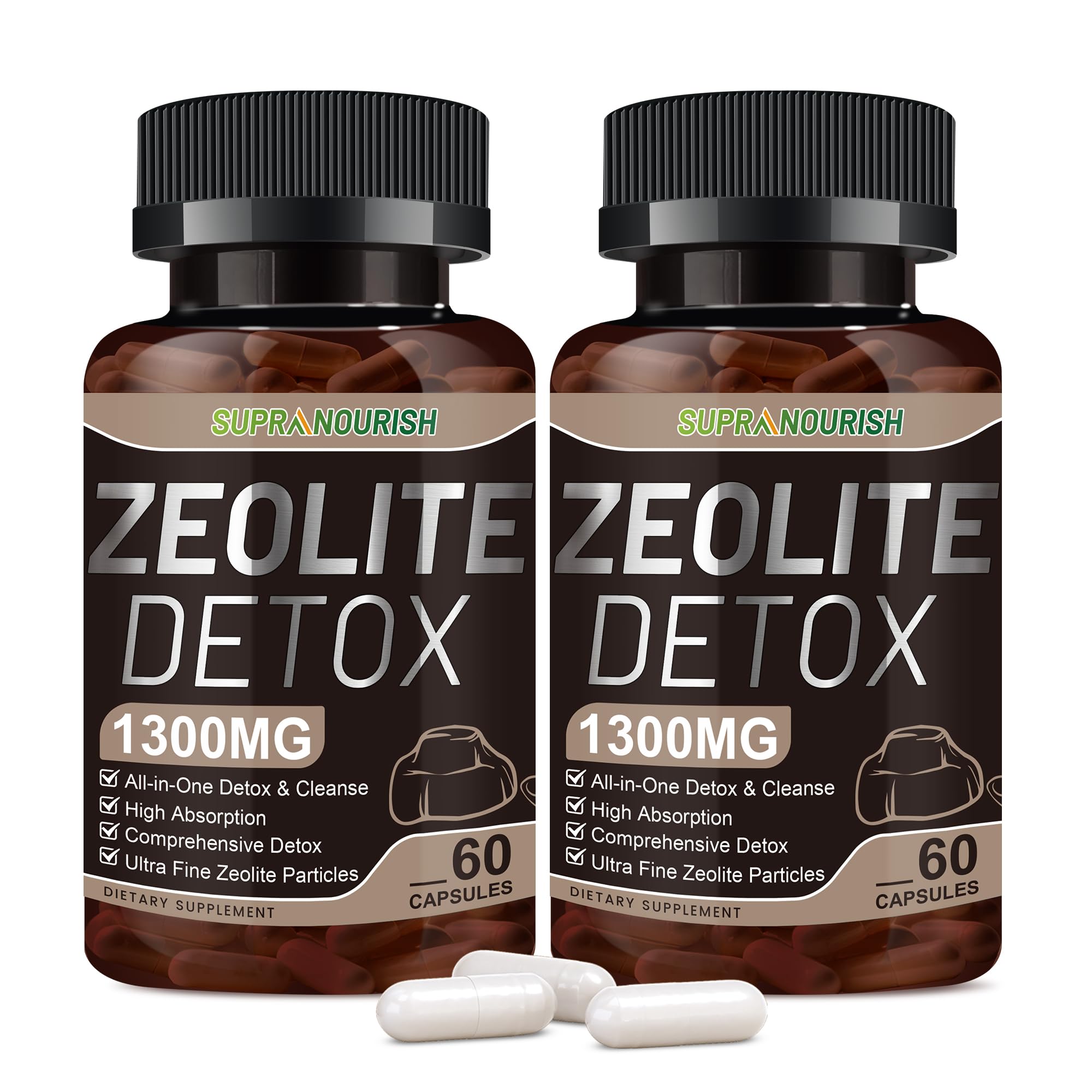 Zeolite Detox Capsules bottle displaying Clinoptilolite 1-2 µm, activated charcoal, and bentonite clay for full-body detox.