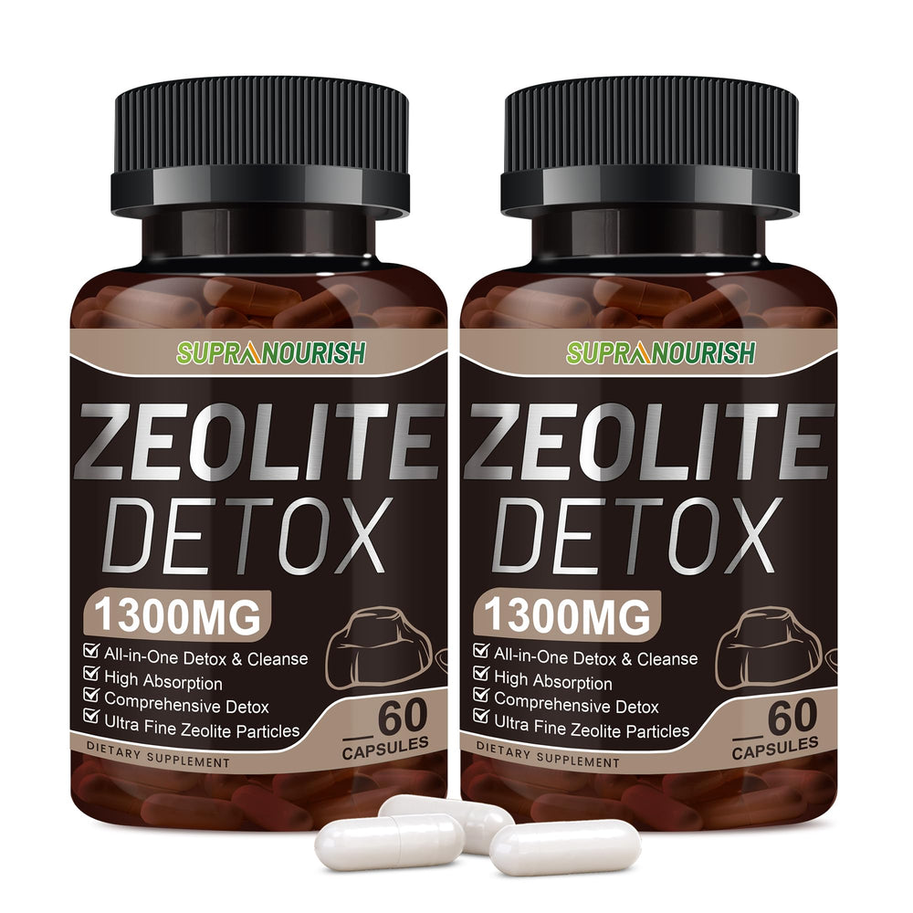 Zeolite Detox Capsules bottle displaying Clinoptilolite 1-2 µm, activated charcoal, and bentonite clay for full-body detox.