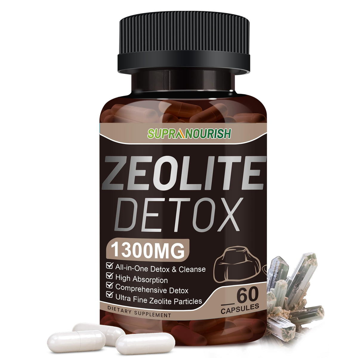 Zeolite detox capsules 60 count bottle with 1-2 micron Clinoptilolite