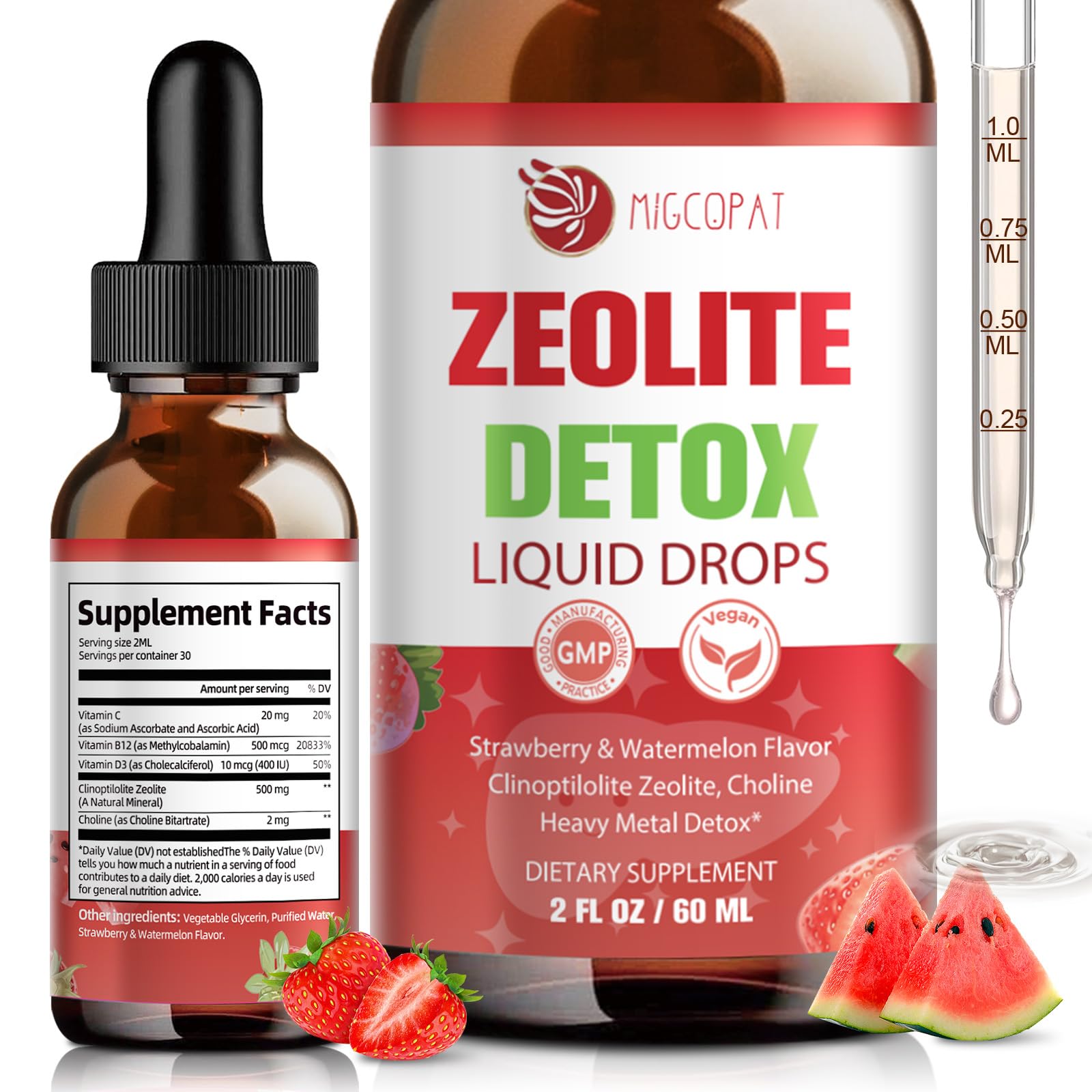 Front label on Zeolite Detox Drops bottle (60ml) – Strawberry Watermelon