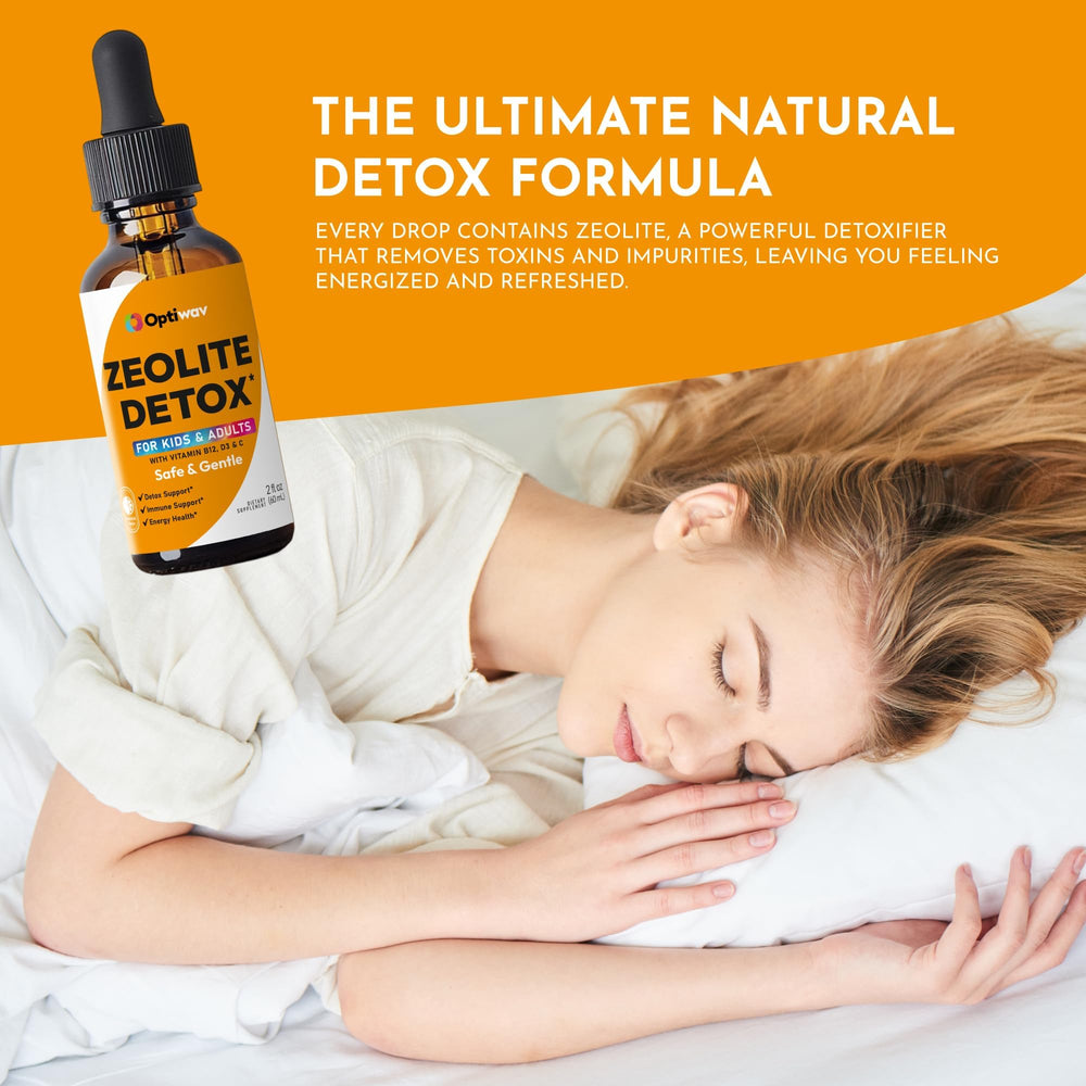 Close-up of Zeolite Detox Drops ingredients featuring Clinoptilolite and vitamins