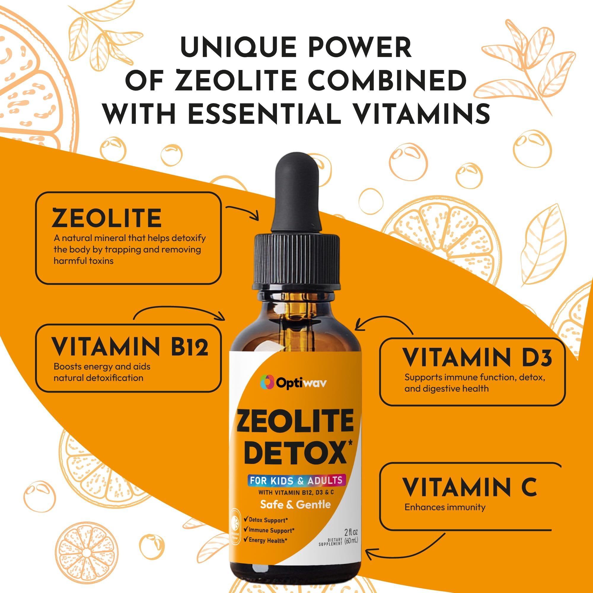 Icons representing vitamins B12, D3, and C included in the detox drops