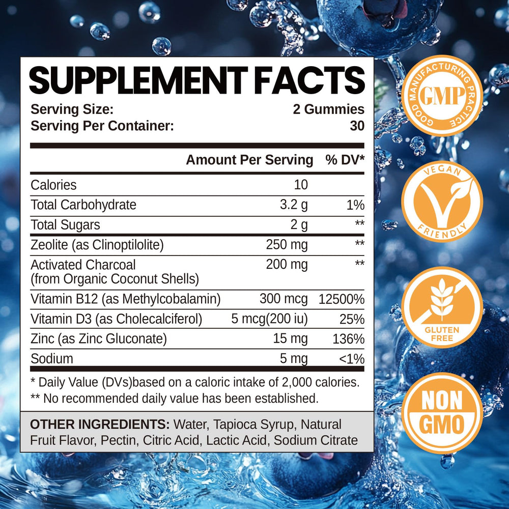 Close-up of blueberry-flavored zeolite gummies
