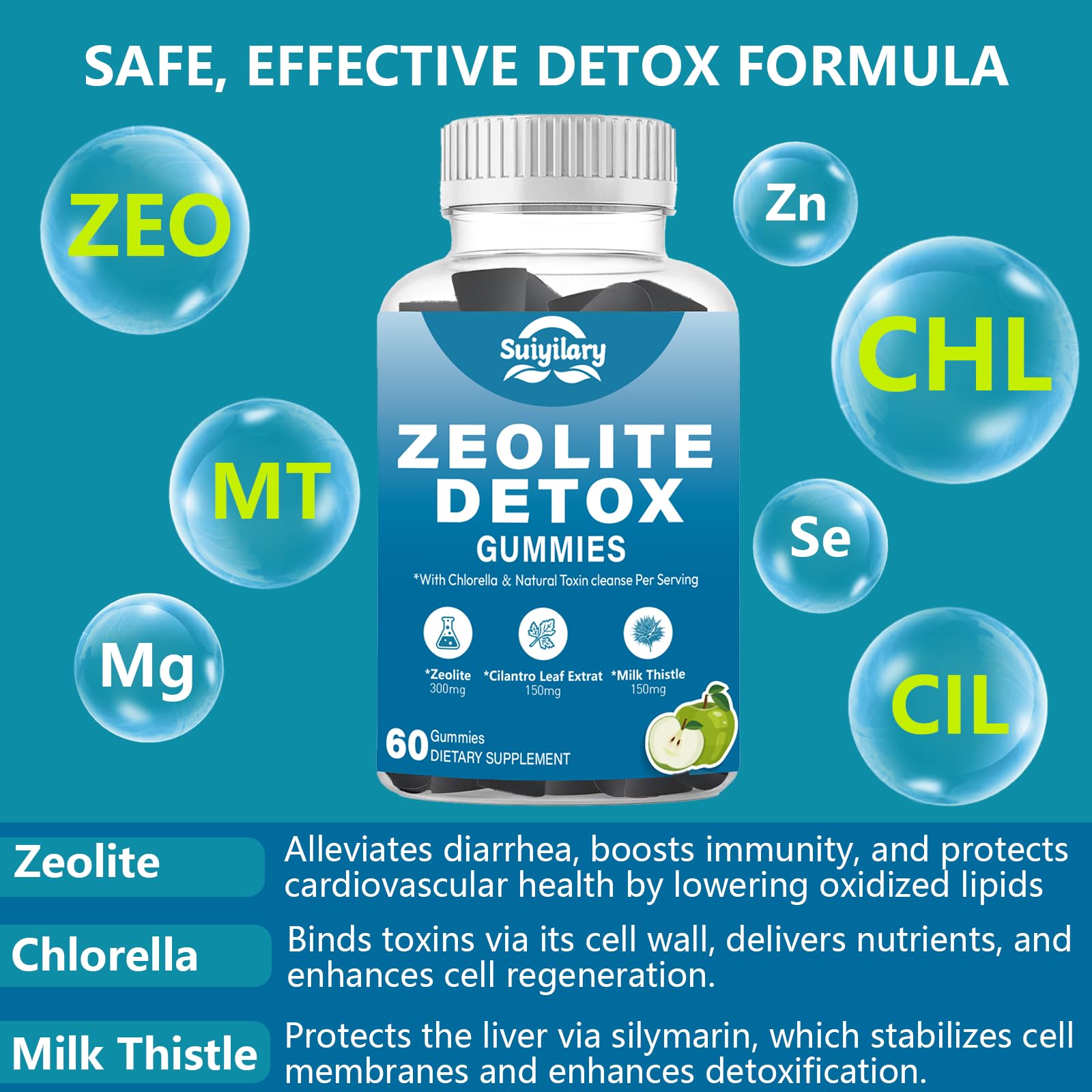 Ingredients panel showing Zeolite and Chlorella
