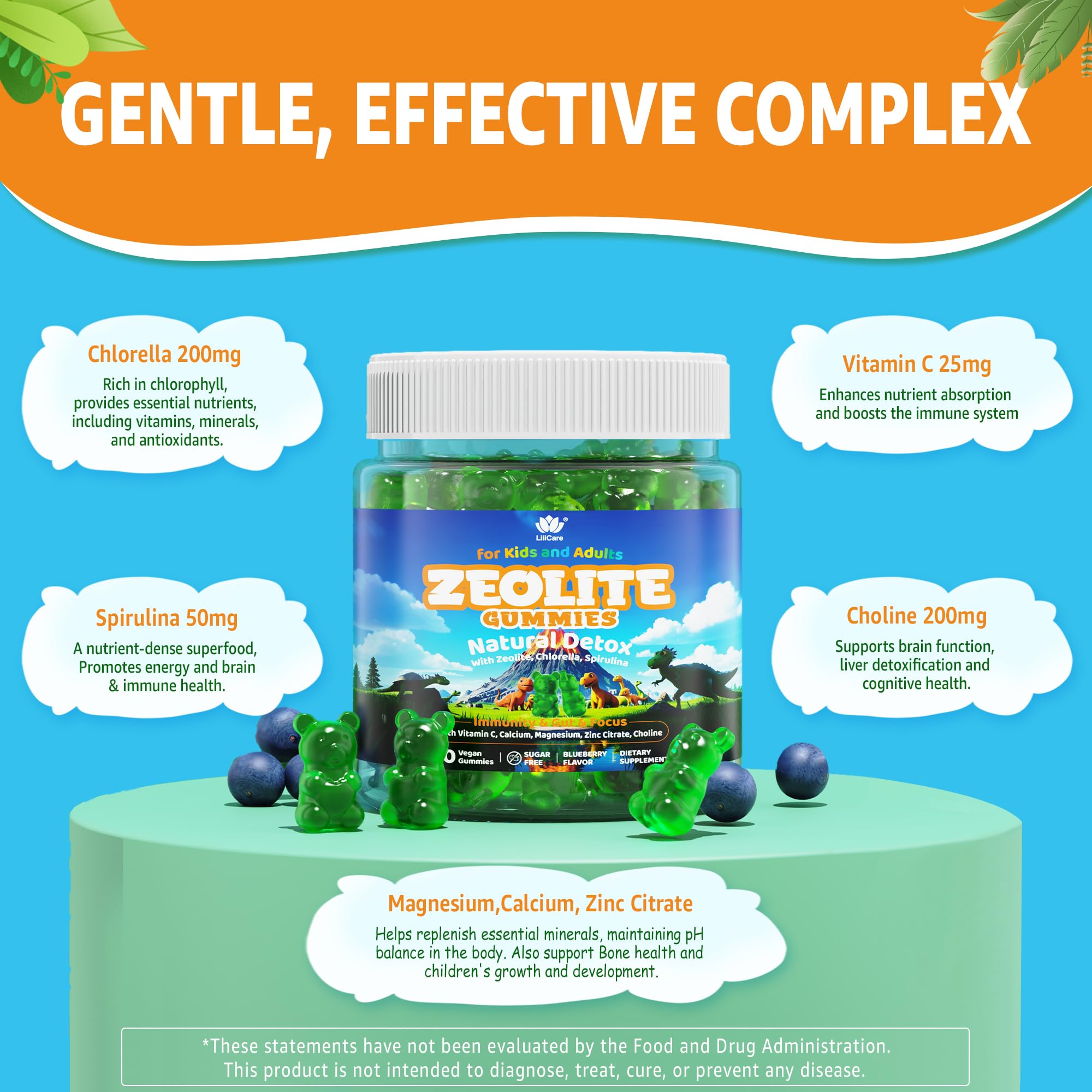Gummies arranged to illustrate daily detox for the whole family