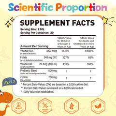 Close-up of orange-flavored detox drops label for kids