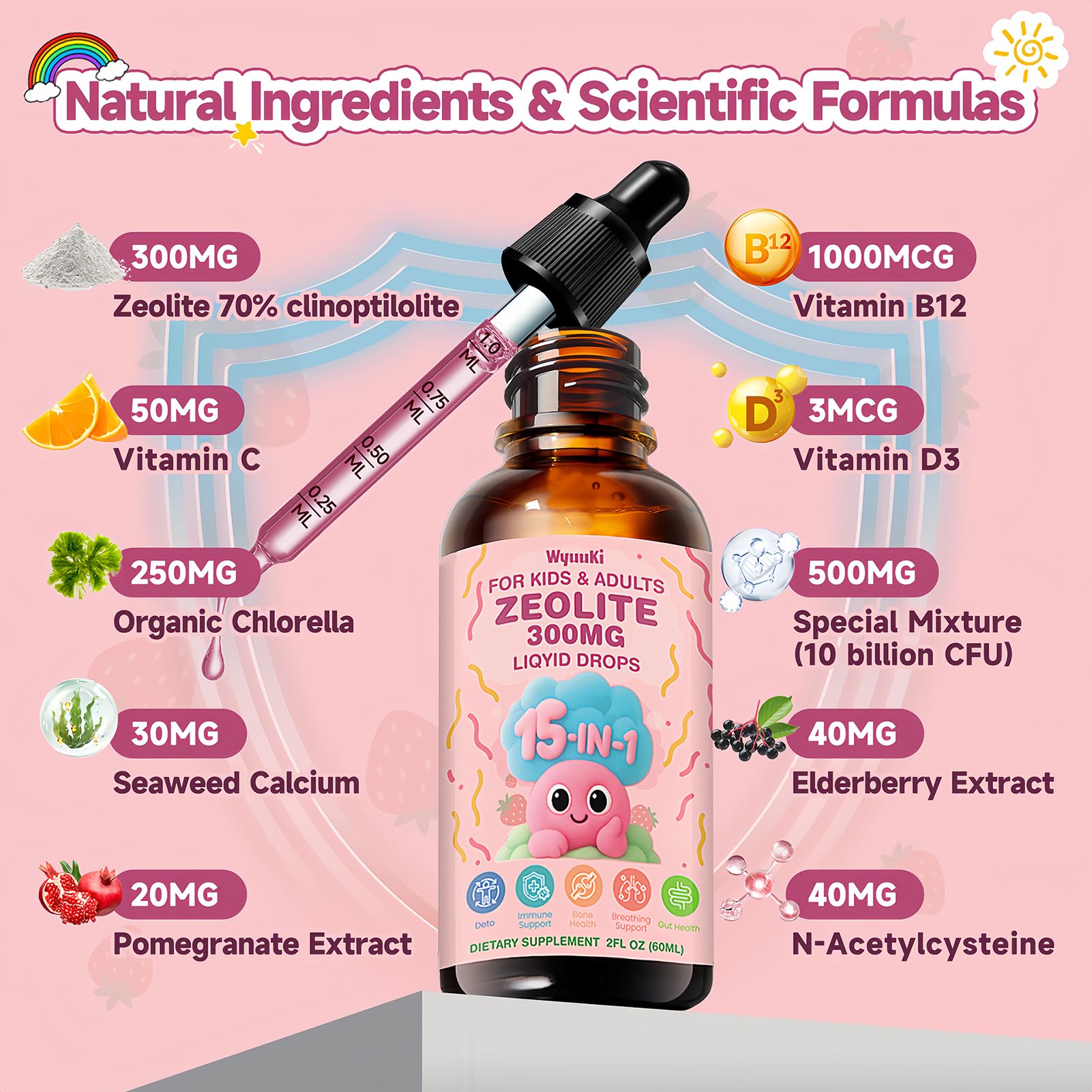 Zeolite Drops formula with vitamins B12, C, and D3