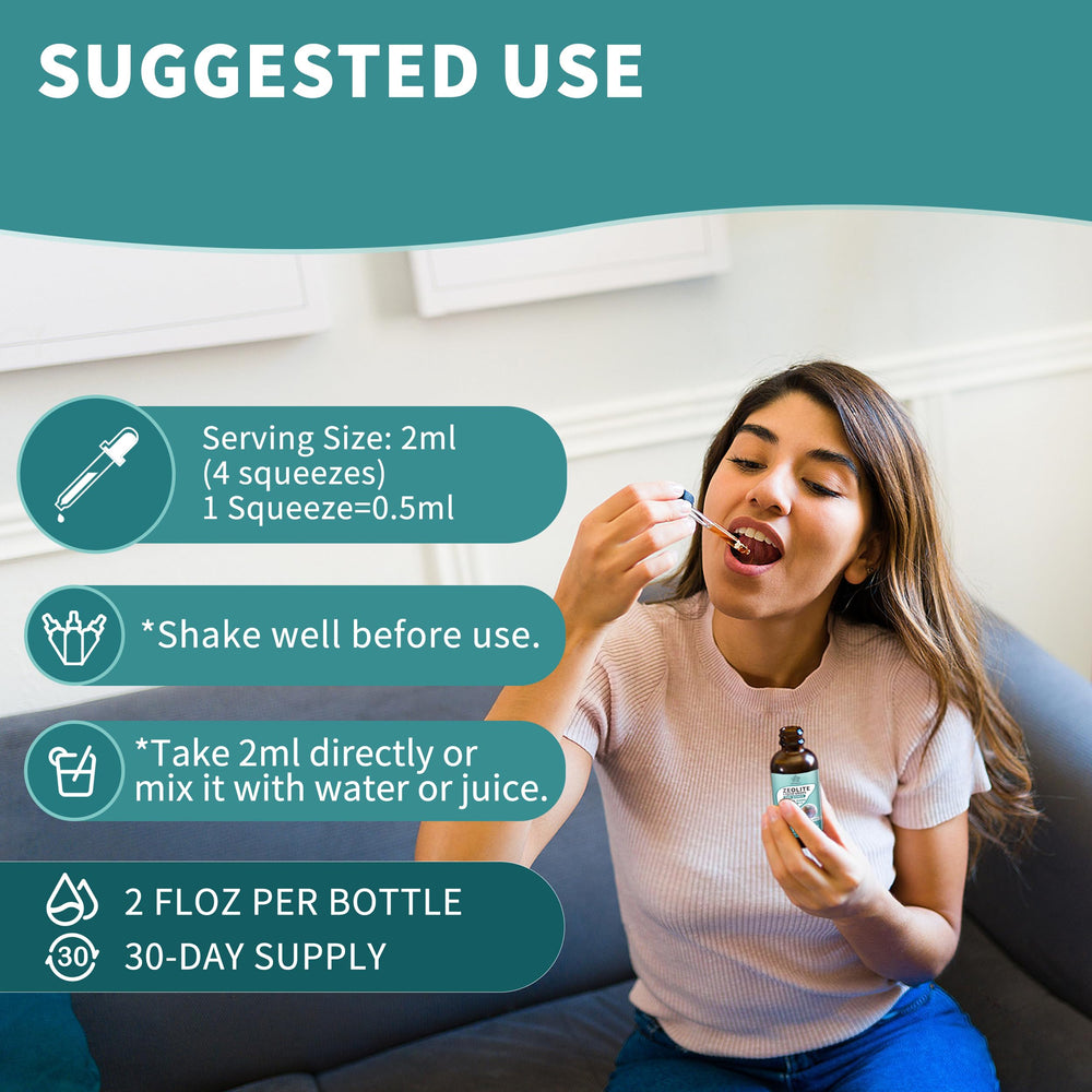 Orange-flavored Zeolite Drops being mixed into a beverage