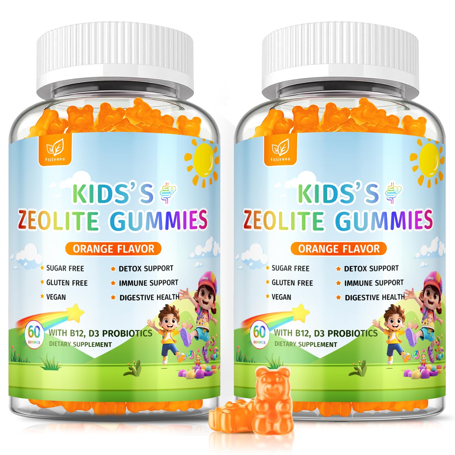 Front view of Zeolite Gummies Orange bottle set in a 2-pack