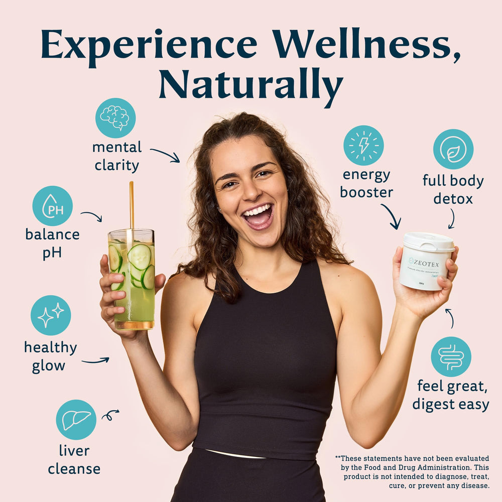 Scoop with Zeotex Zeolite Detox Powder being mixed into a glass of water