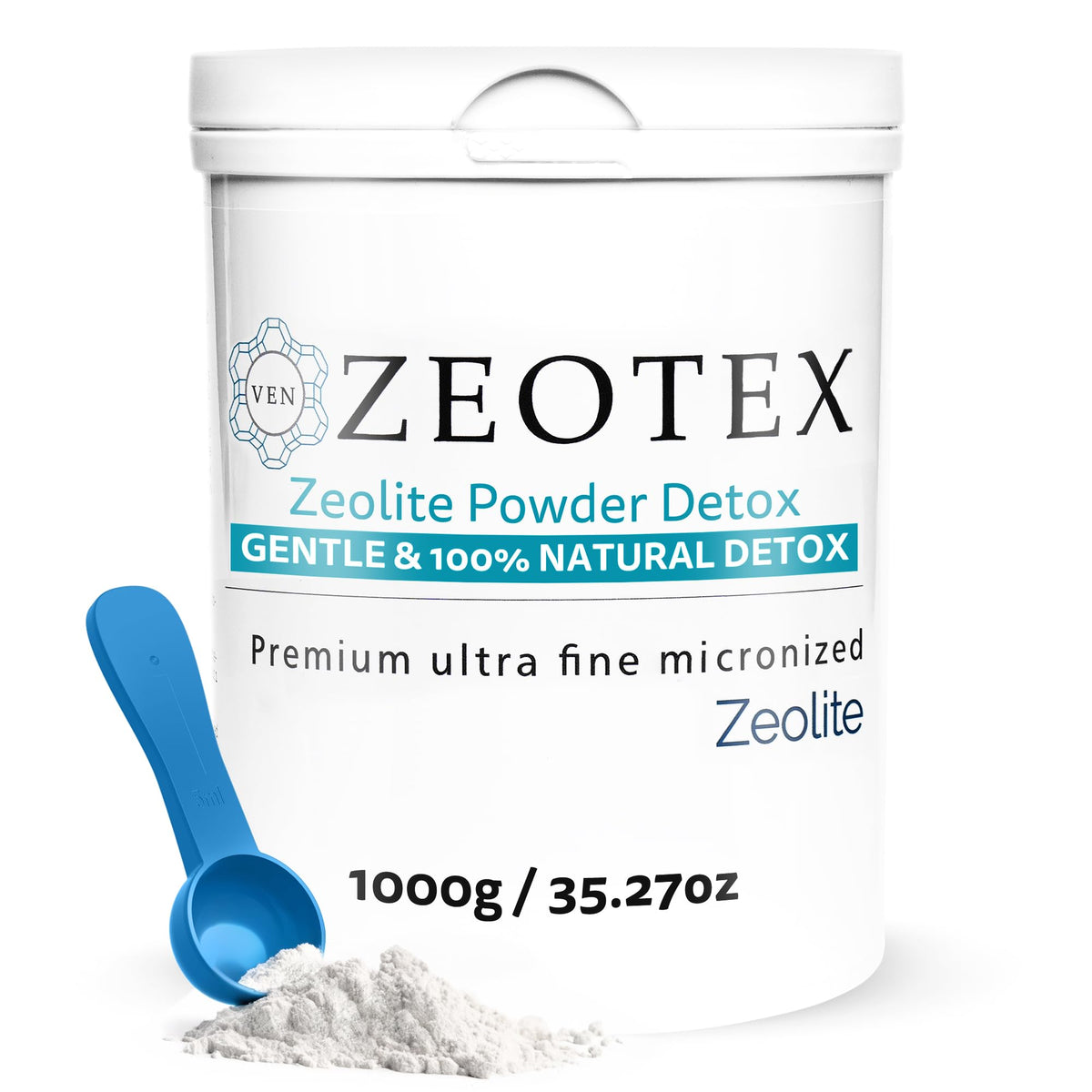 Zeotex Zeolite Detox Powder bottle closeup highlighting natural mineral for gut support.