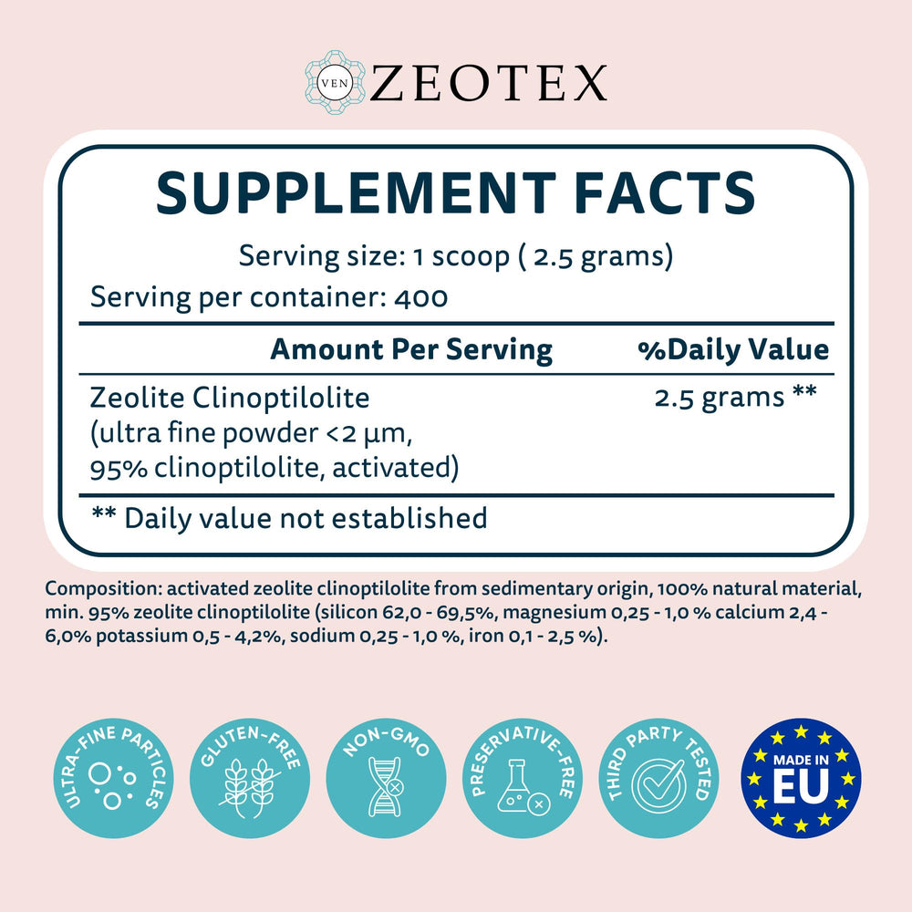Zeotex Zeolite Detox Powder micropowder texture for easy mixing in beverages.