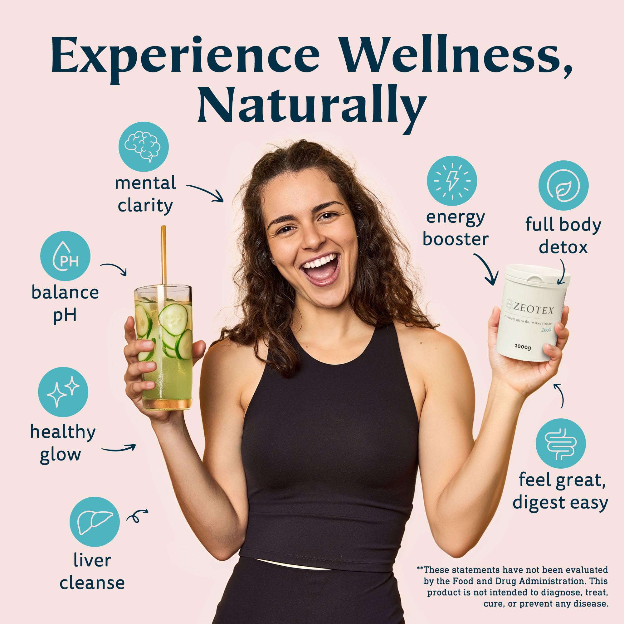 Zeotex Zeolite Detox Powder tub packaging shows EU-sourced mineral for clean-label detox.