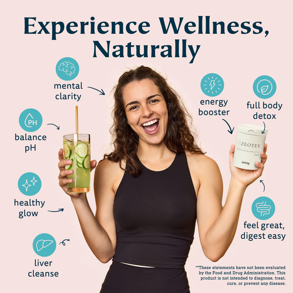 Zeotex Zeolite Detox Powder tub packaging shows EU-sourced mineral for clean-label detox.