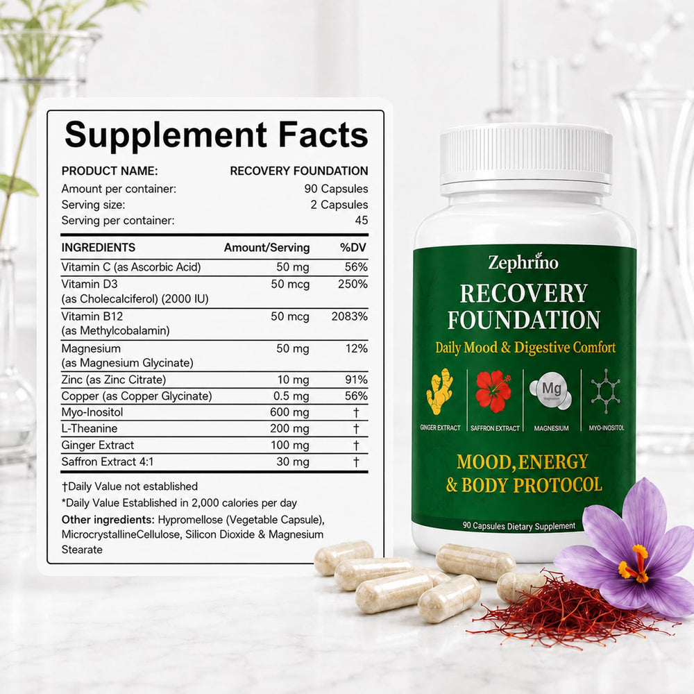 Zephrino supplement label closeup listing saffron and myo-inositol