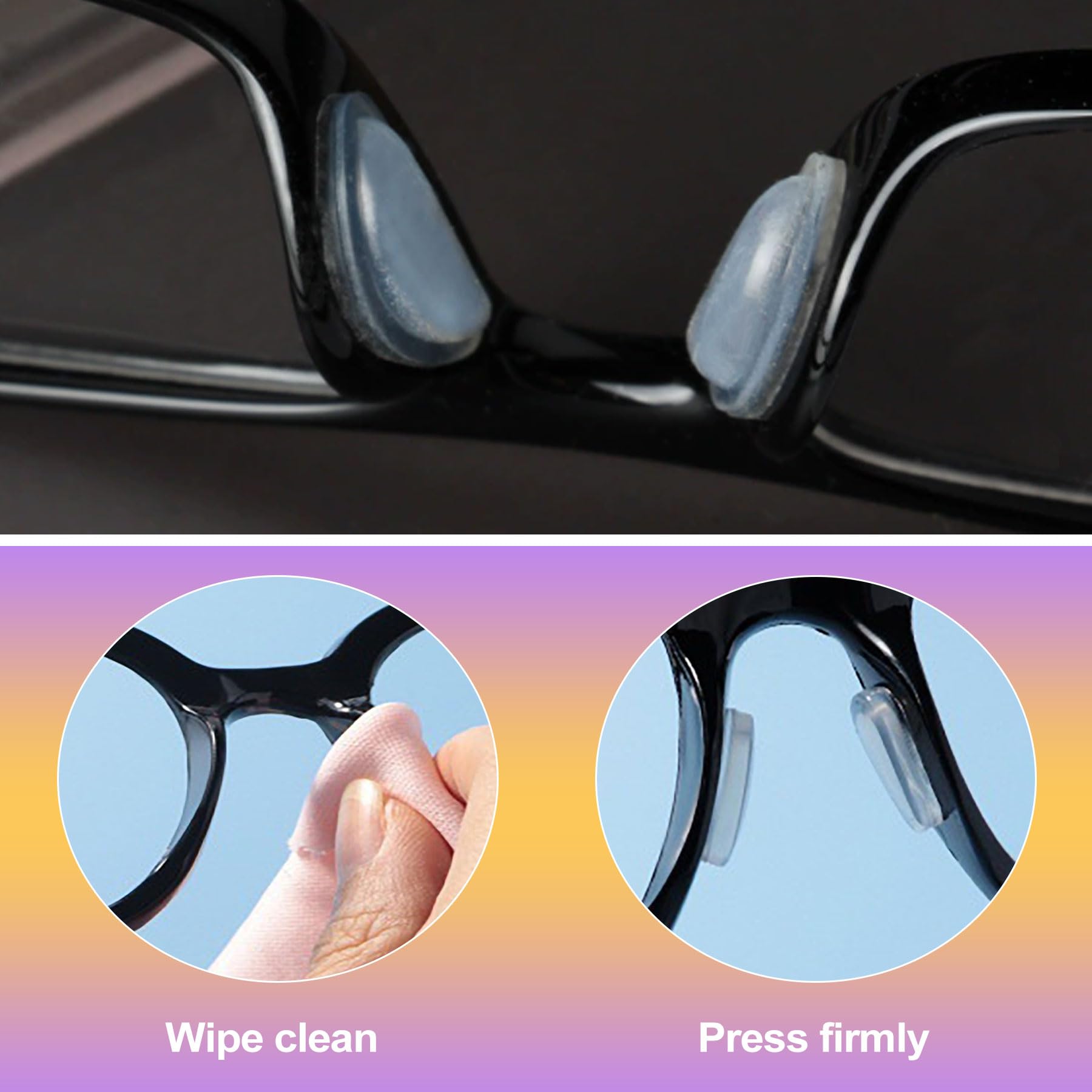 Anti-slip adhesive nose pads attached to eyeglasses