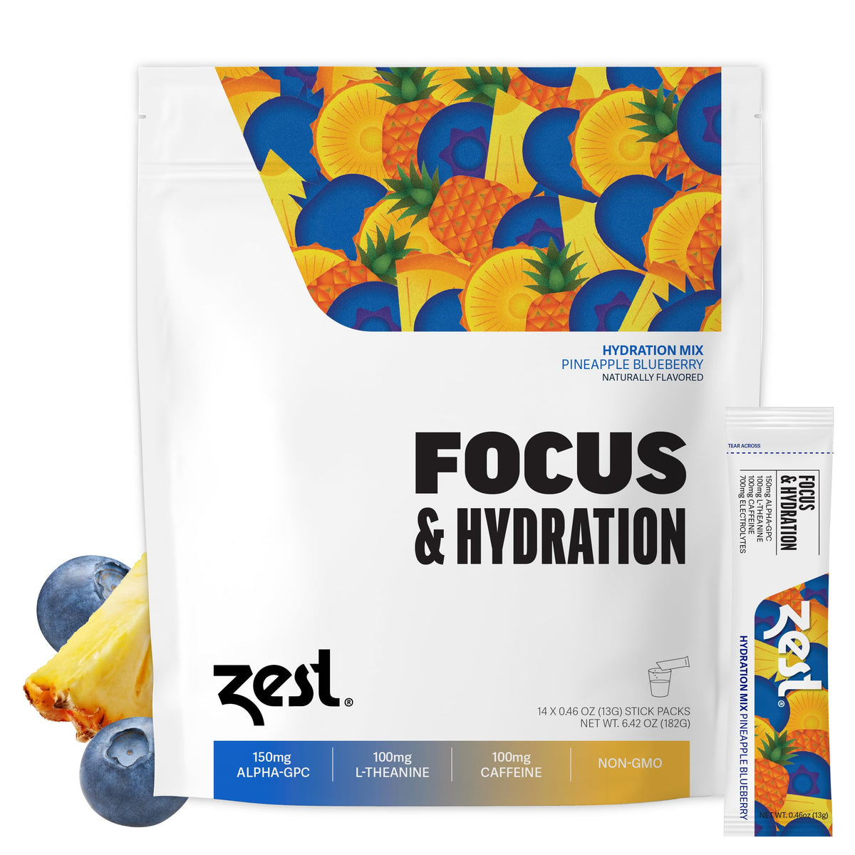 Zest Focus Pineapple Blueberry sticks on the package for clean energy and focus.