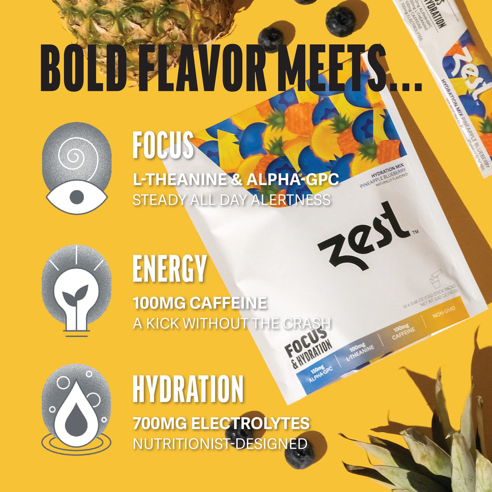 Zest glass with Pineapple Blueberry mix ready to hydrate and energize.