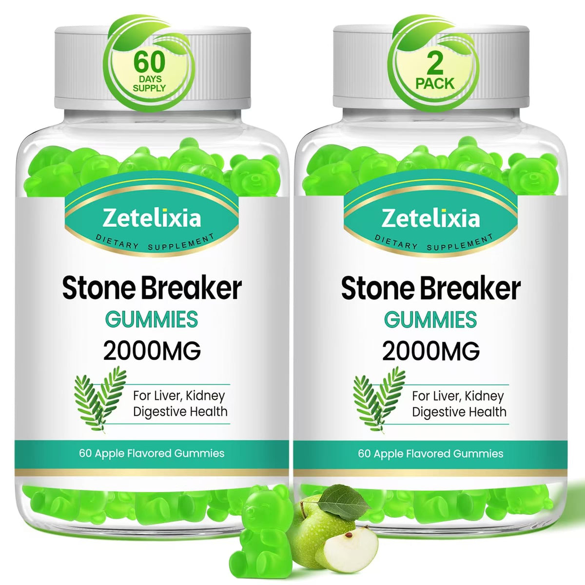 Front view of Zetelixia 2-pack Stone Breaker Gummies with Apple flavor bottles