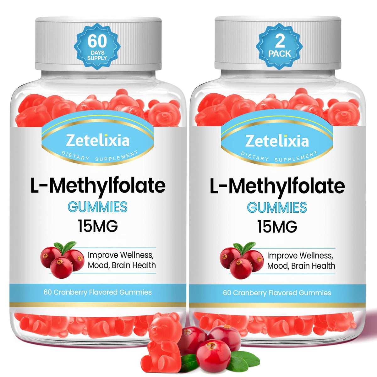 Front view of Zetelixia 2-pack L-Methylfolate and Methyl B12 Gummies in Cranberry flavor
