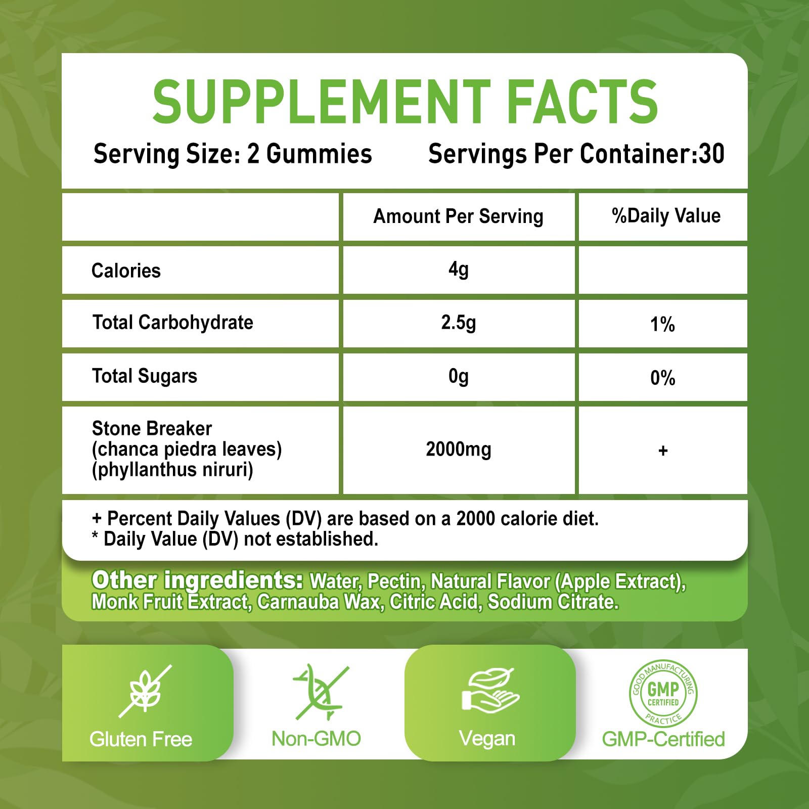 Back of bottle showing ingredients and nutrition facts for Zetelixia Stone Breaker Gummies