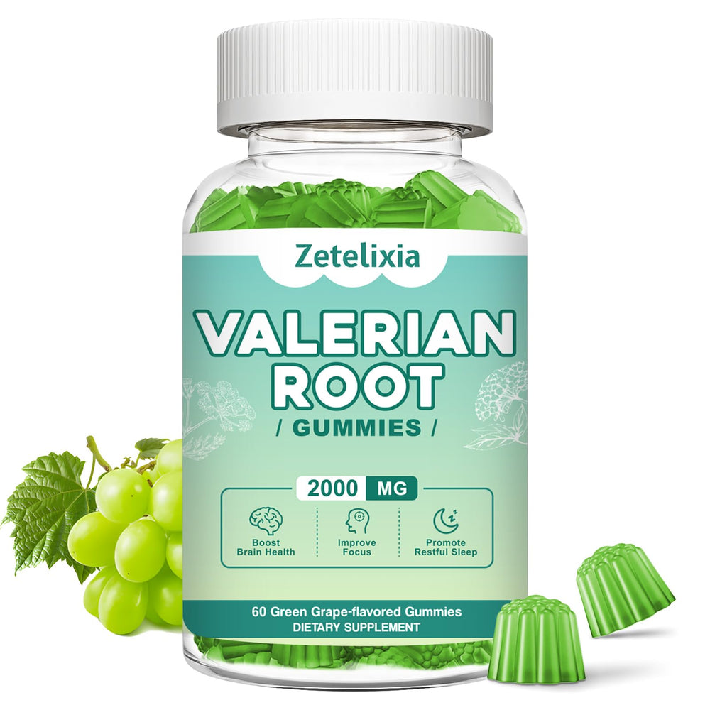 Zetelixia Valerian Root Gummies bottle with green grape flavor – 60 count