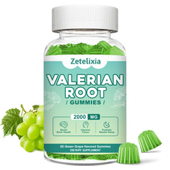 Zetelixia Valerian Root Gummies bottle with green grape flavor – 60 count