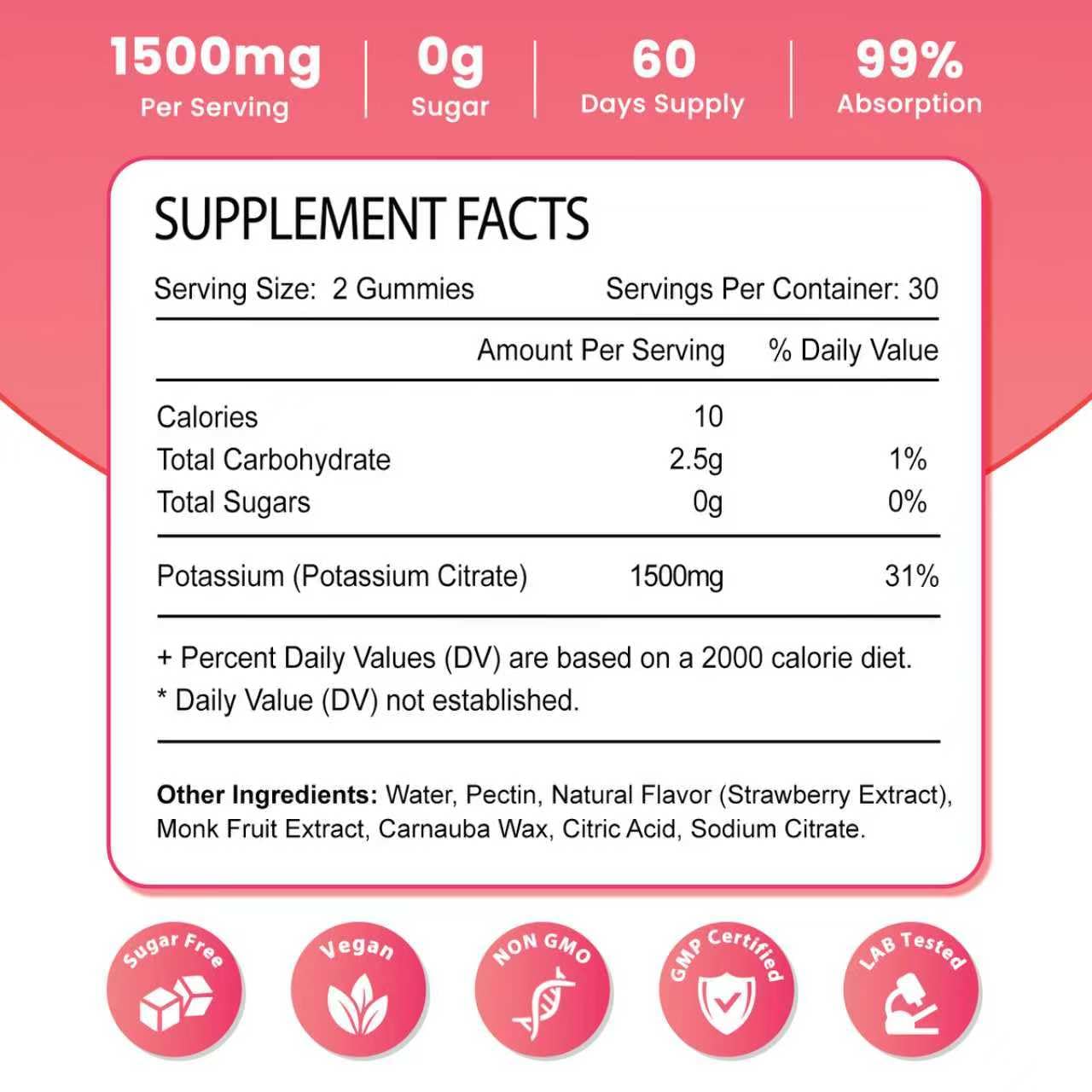 Back label with nutrition facts for Zetelixia Potassium Gummies