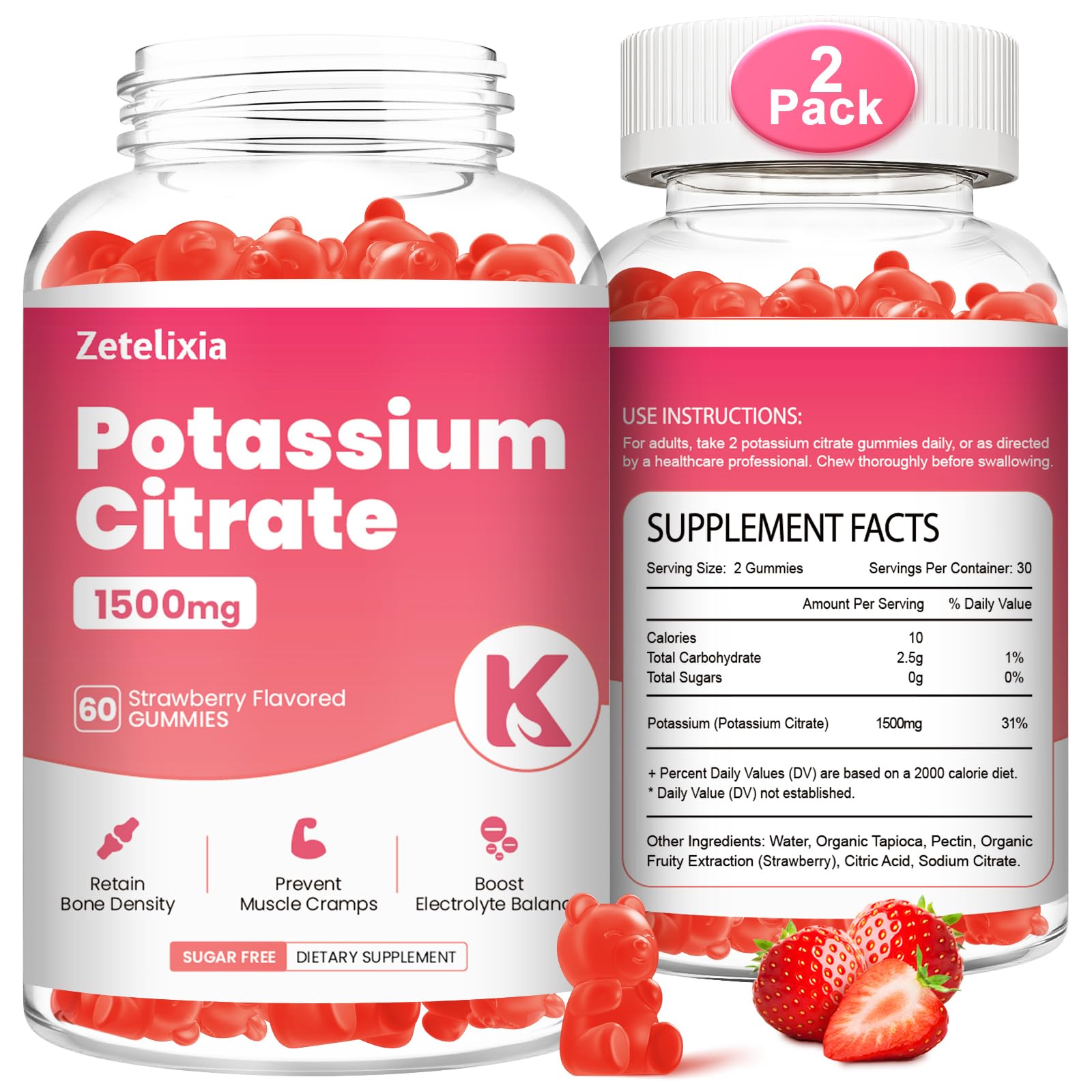 Front view of Zetelixia Potassium Gummies bottle, 120 count