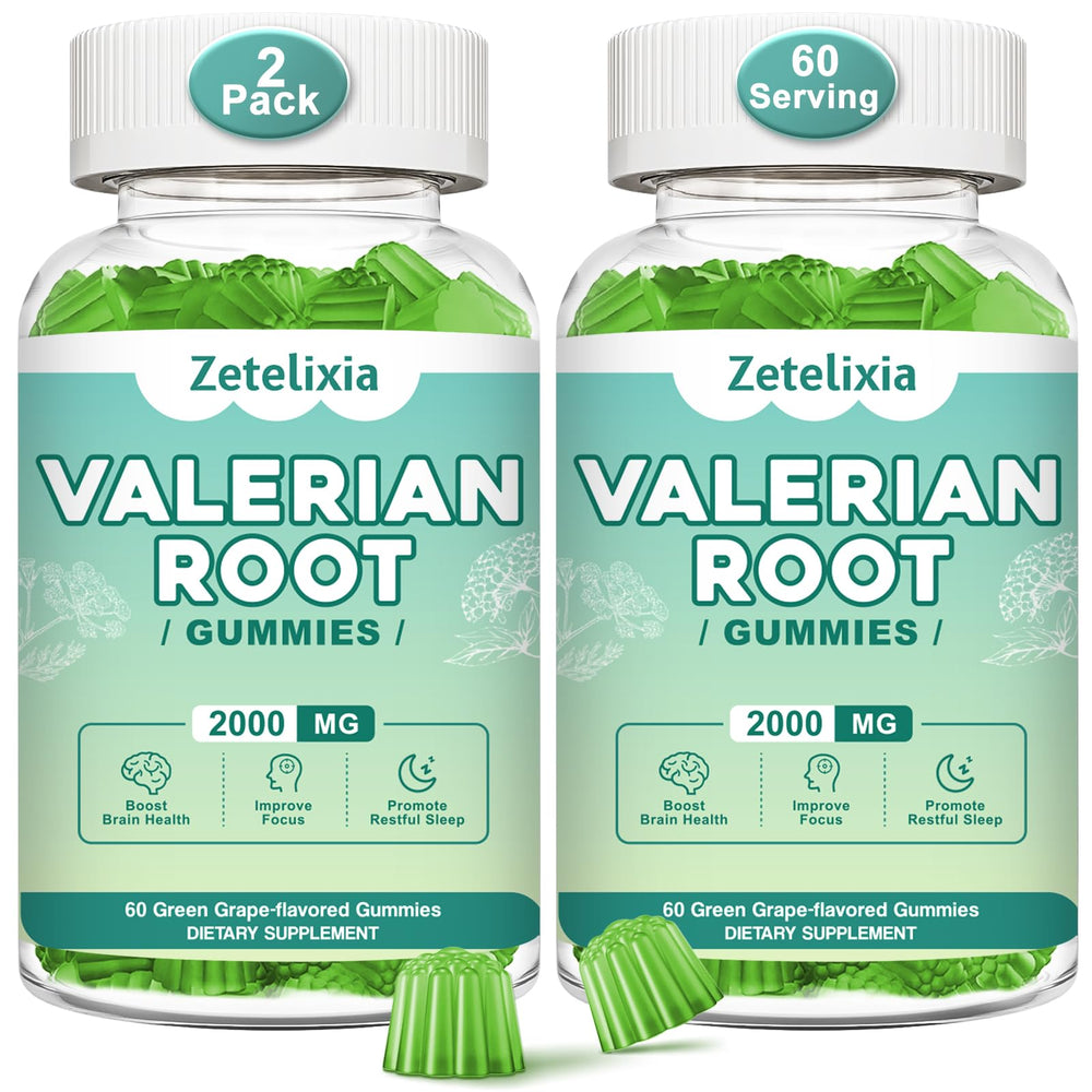 Front packaging of Zetelixia Valerian Gummies 2-pack green grape flavor, 120 count