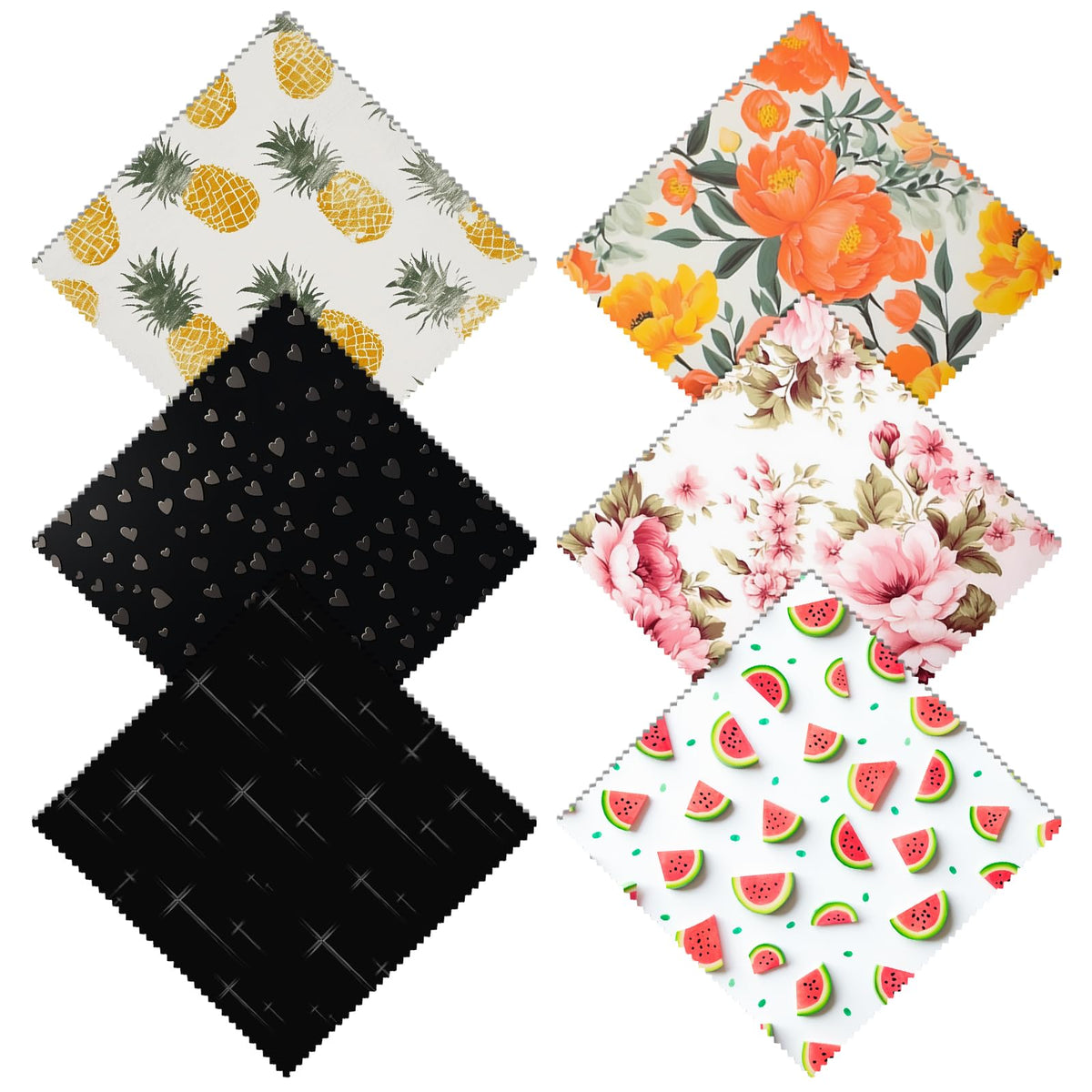Six-pack microfiber glasses cleaning cloths with fruit and flowers pattern (6.3 x 6.3 inches)