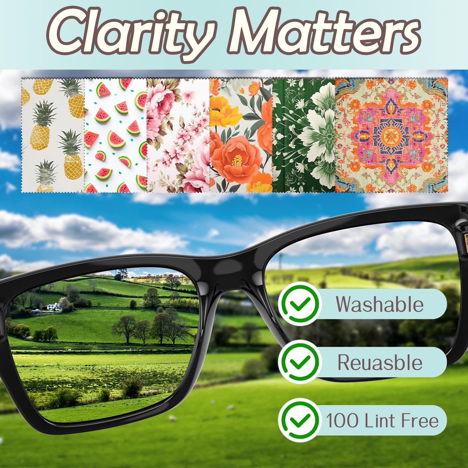 Assorted patterned cleaning cloths for lenses, phones and cameras