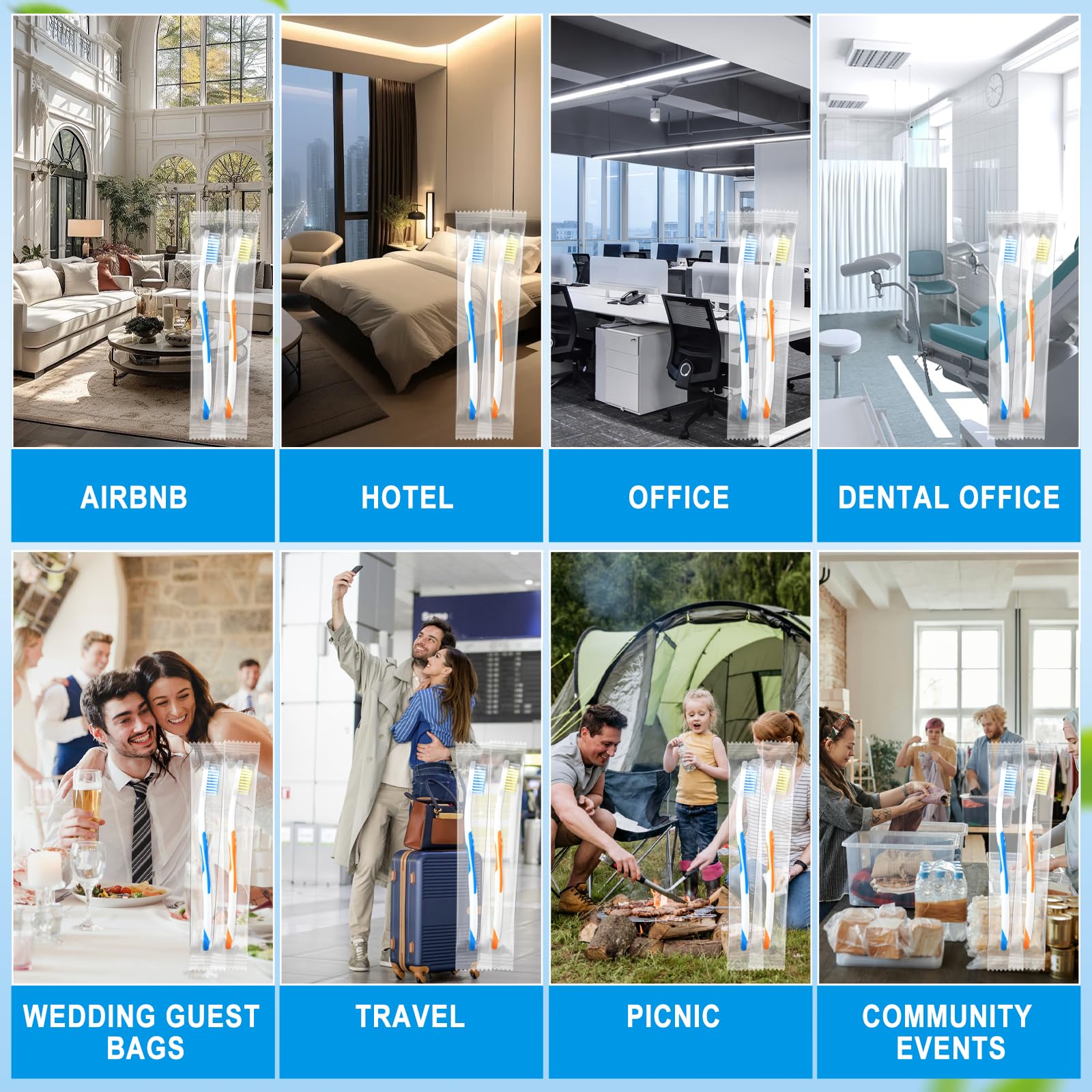 Close-up of two-color disposable toothbrushes in packaging