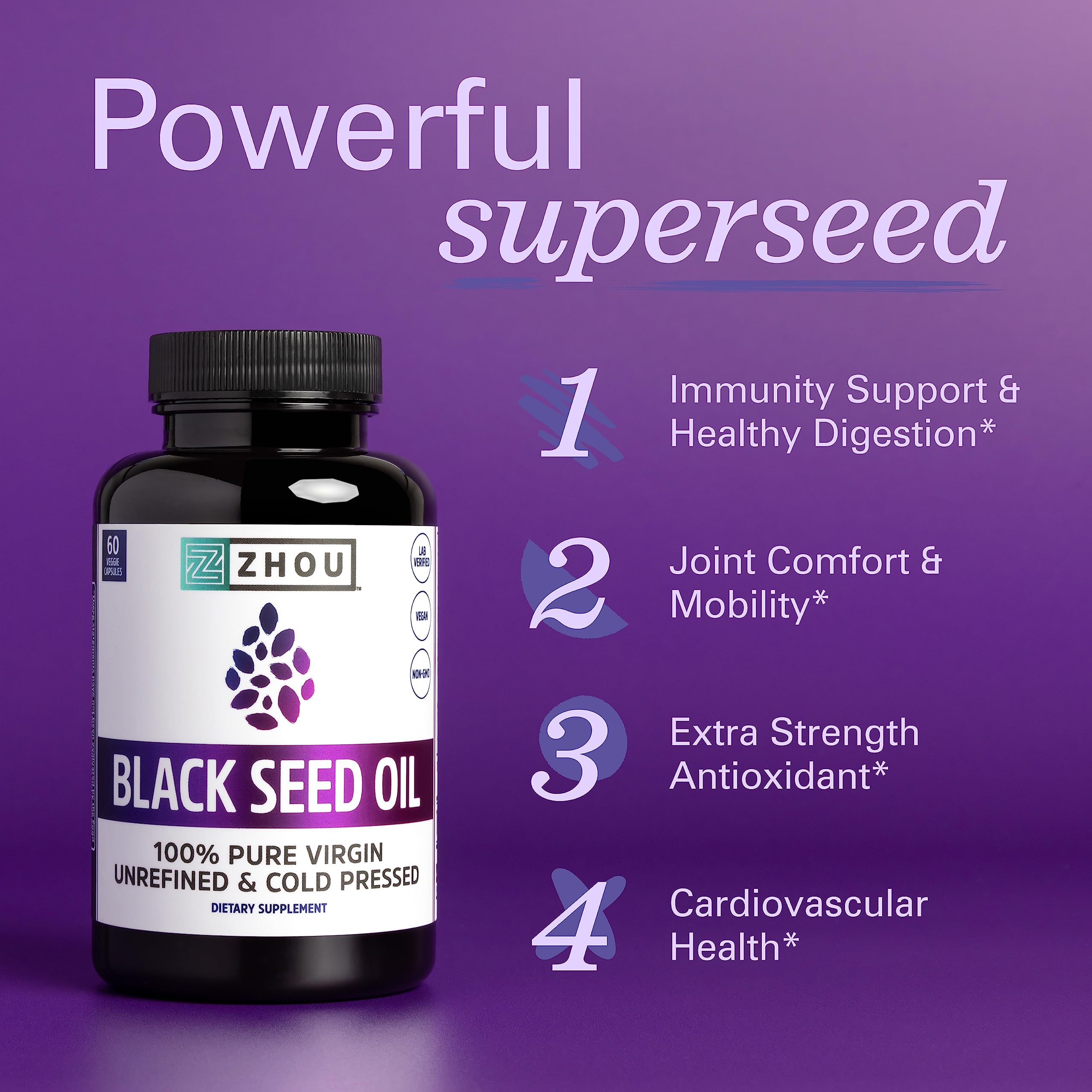 Label close-up of ZHOU Black Seed Oil Capsules showing pure cold-pressed Nigella Sativa oil