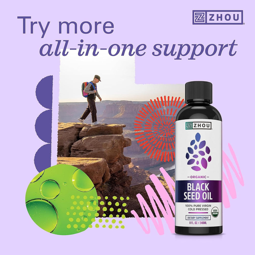 ZHOU Black Seed Oil Capsules graphic focusing on omega fatty acids.