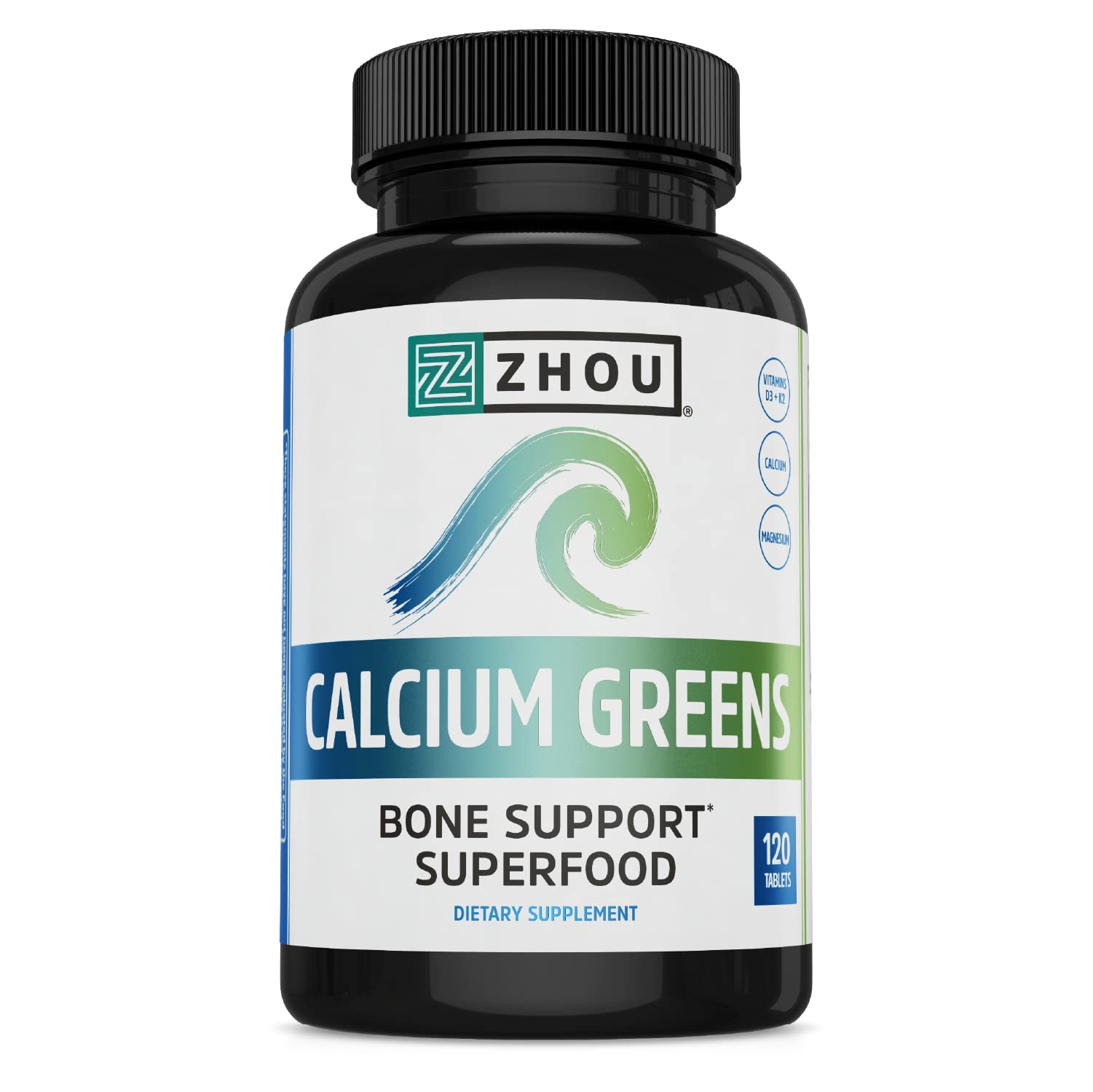 Front view of Zhou Calcium Greens bottle