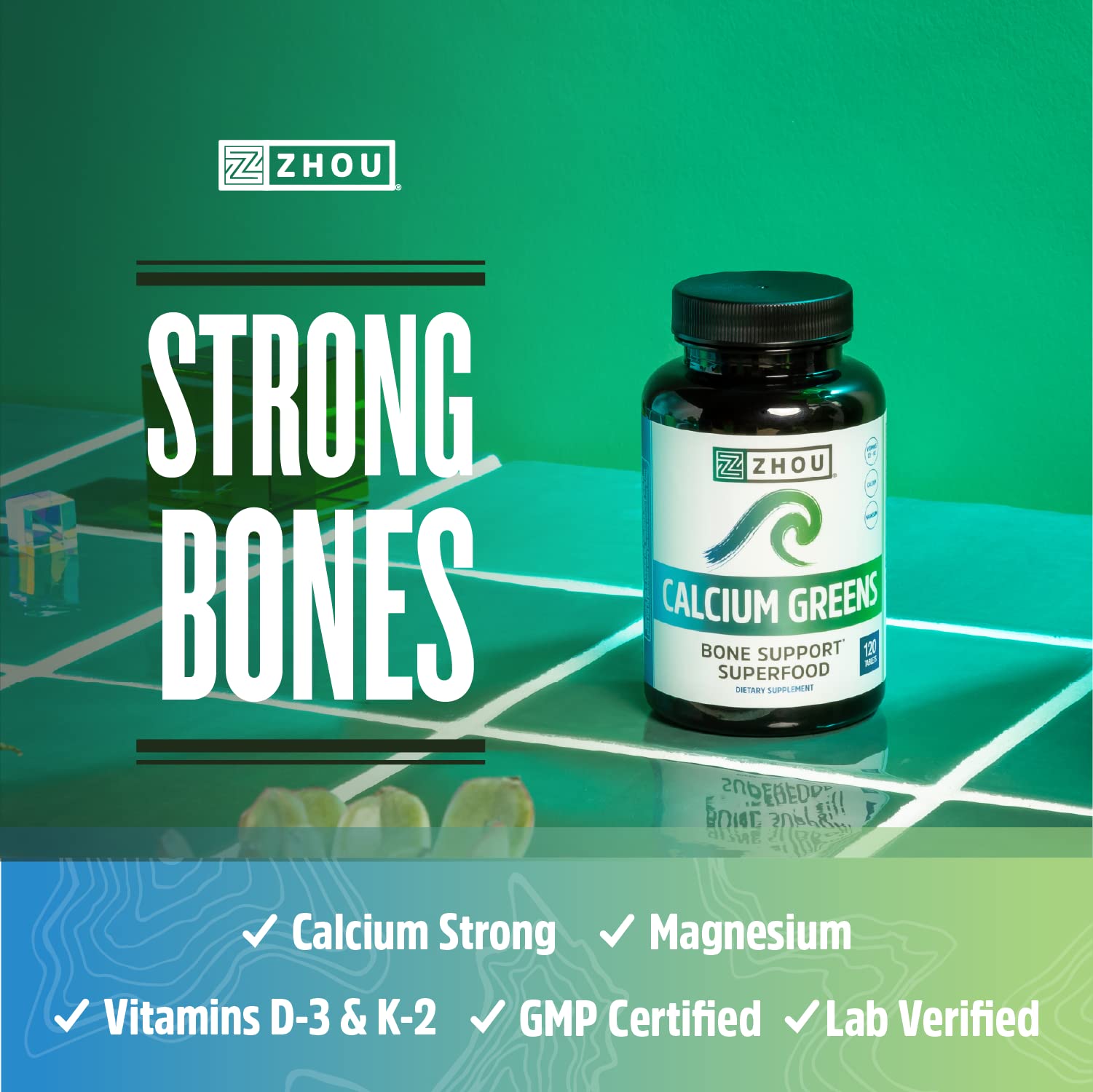 Ingredients include algae-derived calcium, magnesium, spirulina and barley grass