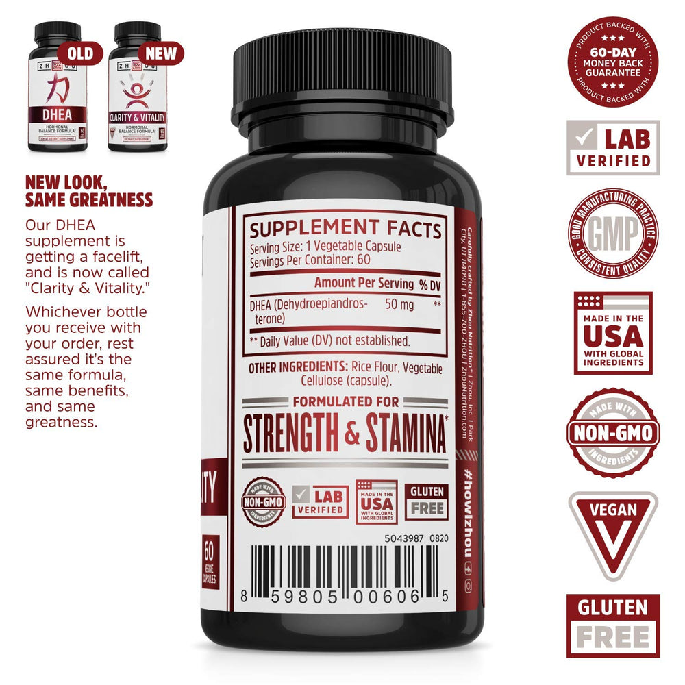 Close-up of Zhou Clarity & Vitality capsules showing 50 mg DHEA