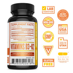 Close-up of D3 and K2 capsules in bottle