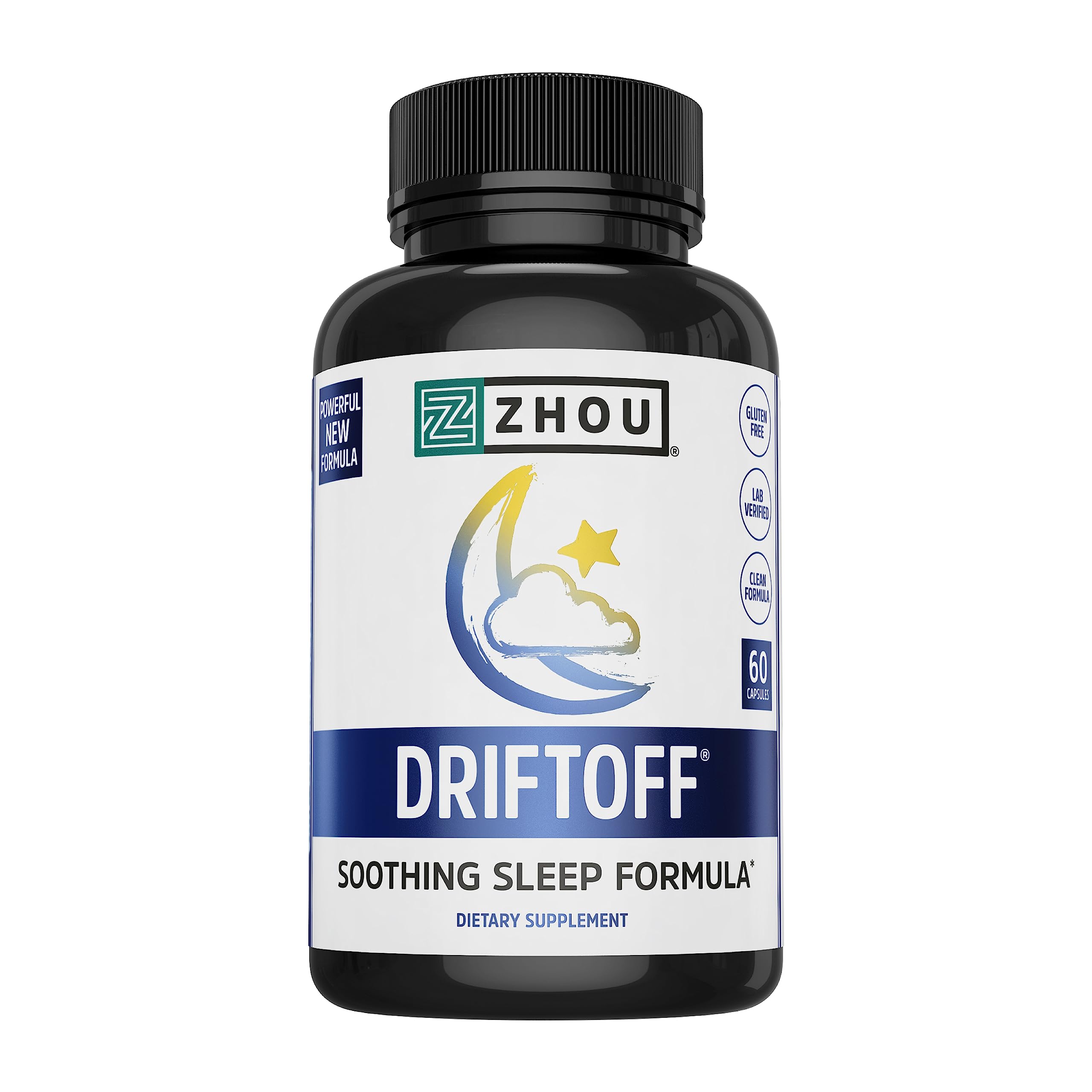 Bottle of Zhou Driftoff sleep aid featuring valerian root and chamomile