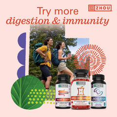 Lifestyle shot of adults taking Zhou Gut Guru gummies