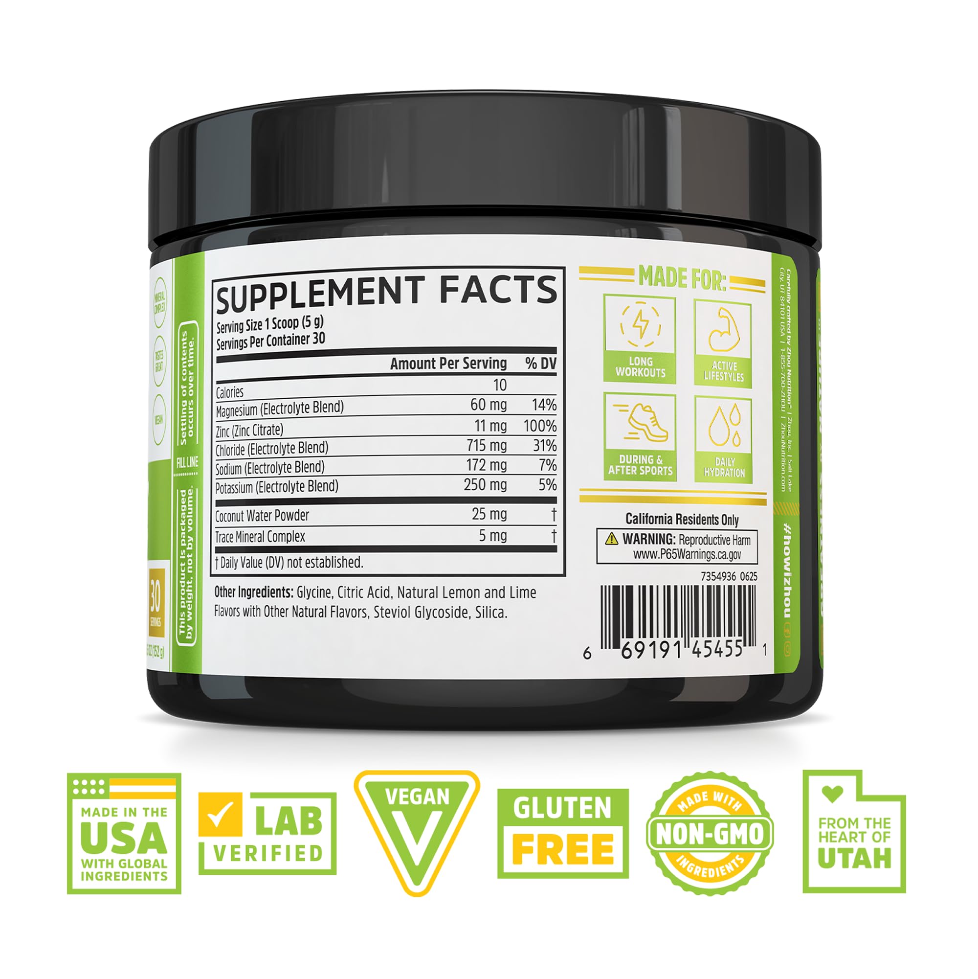 ZHOU Hydro-Fuel powder-dispense close-up emphasizes sugar-free hydration with minerals