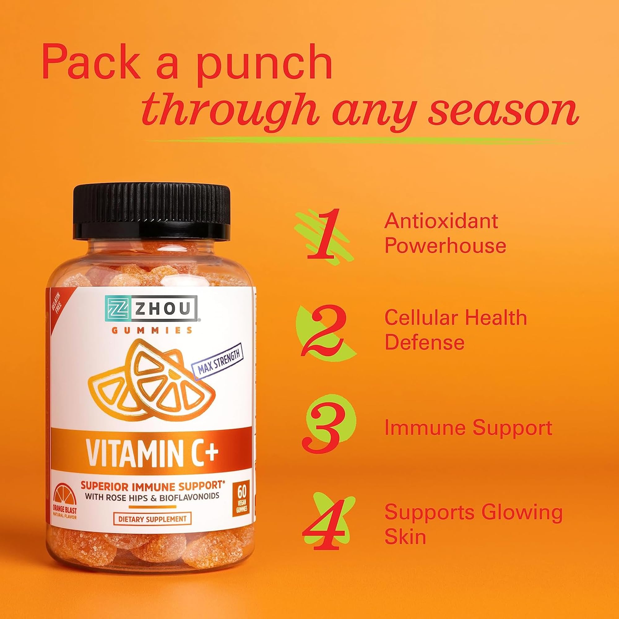 Zinc, bioflavonoids and ingredients visual for the gummies