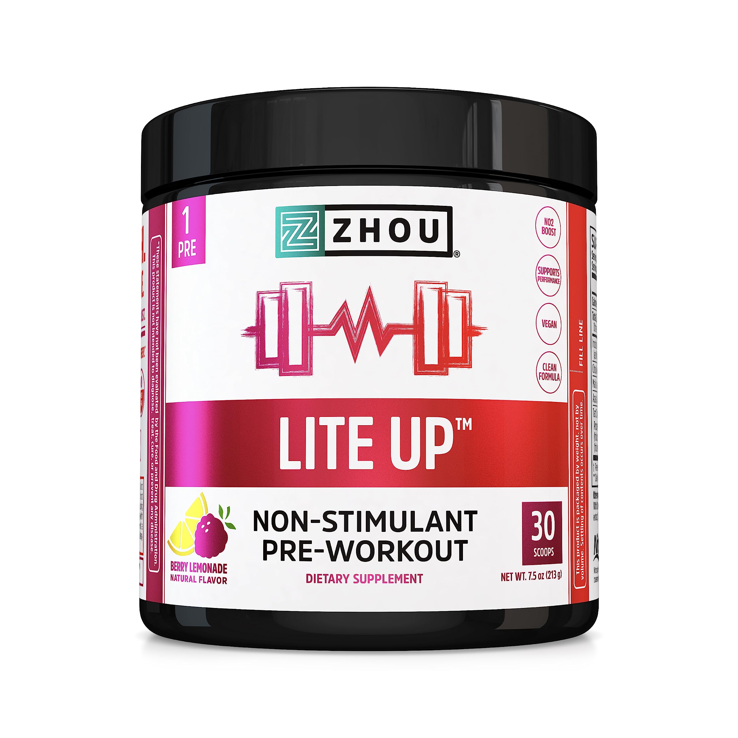 Zhou Lite Up bottle front label for caffeine-free nitric oxide support during workouts.